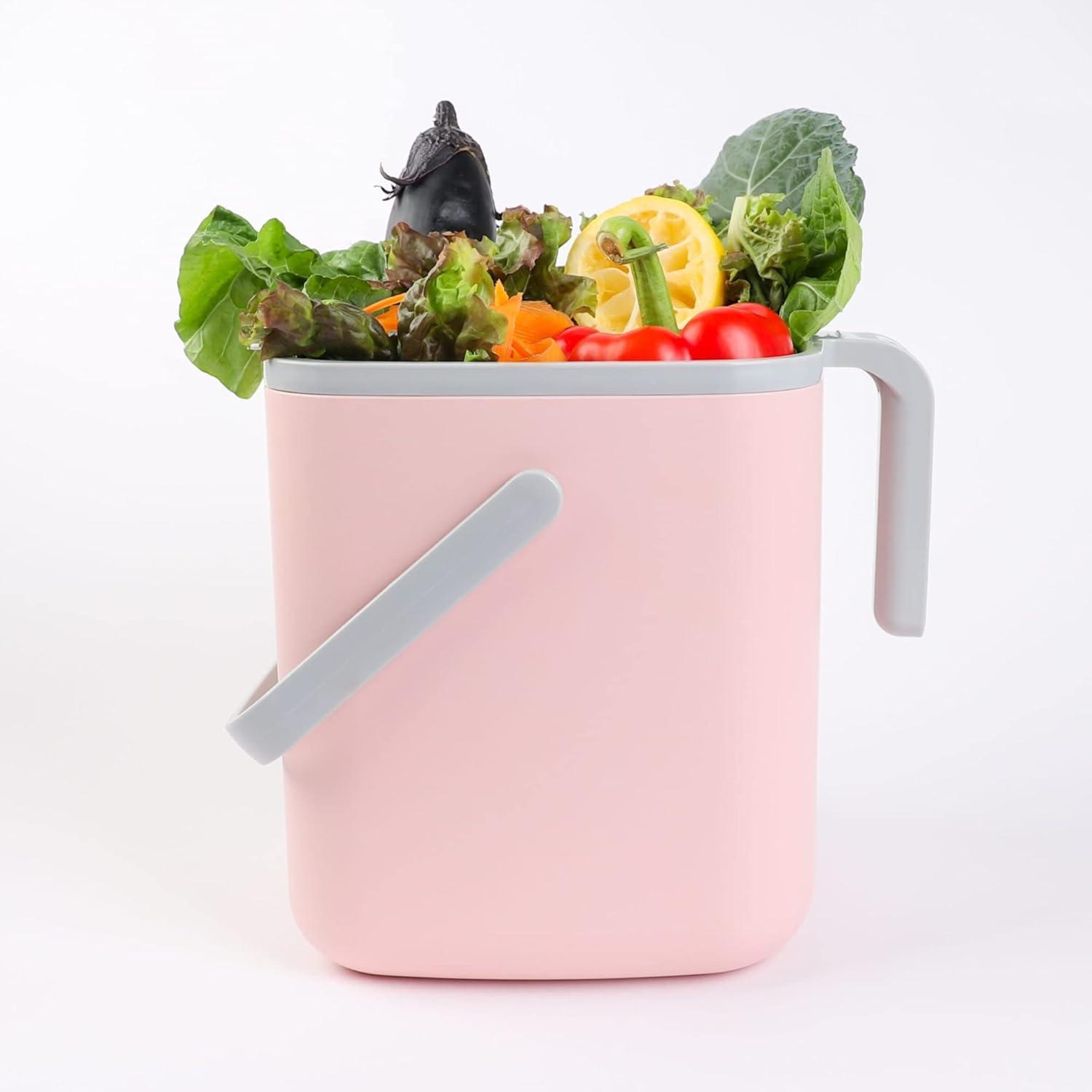 imageBLUE GINKGO Kitchen Compost Bin 5L 132 GAL FilterFree OdorTight Countertop Food Waste Pail with Handles Made in Korea WhitePink
