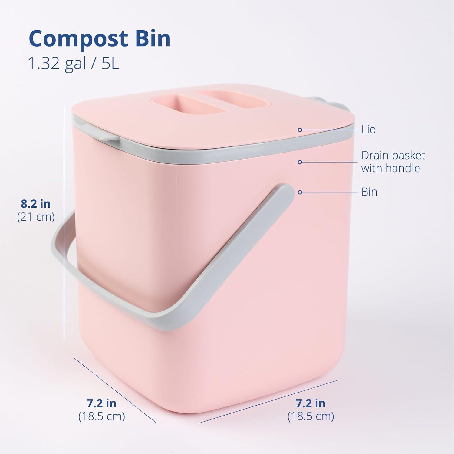 imageBLUE GINKGO Kitchen Compost Bin 5L 132 GAL FilterFree OdorTight Countertop Food Waste Pail with Handles Made in Korea WhitePink