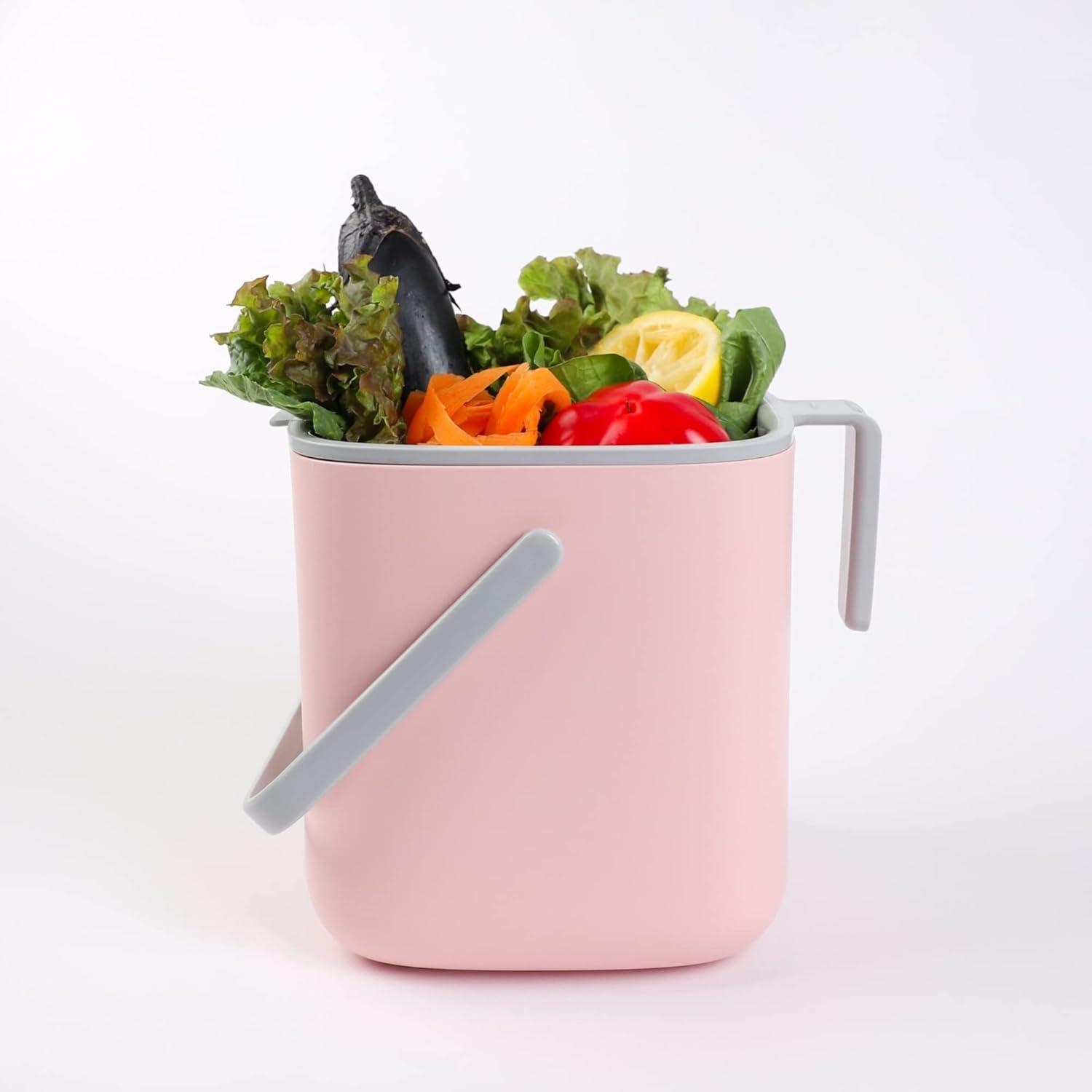 imageBLUE GINKGO Kitchen Compost Bin 5L 132 GAL FilterFree OdorTight Countertop Food Waste Pail with Handles Made in Korea WhitePink