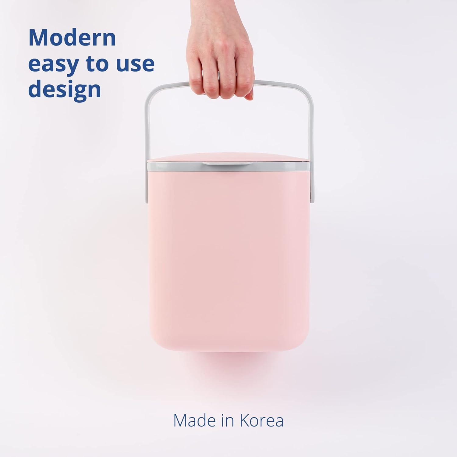 imageBLUE GINKGO Kitchen Compost Bin 5L 132 GAL FilterFree OdorTight Countertop Food Waste Pail with Handles Made in Korea WhitePink