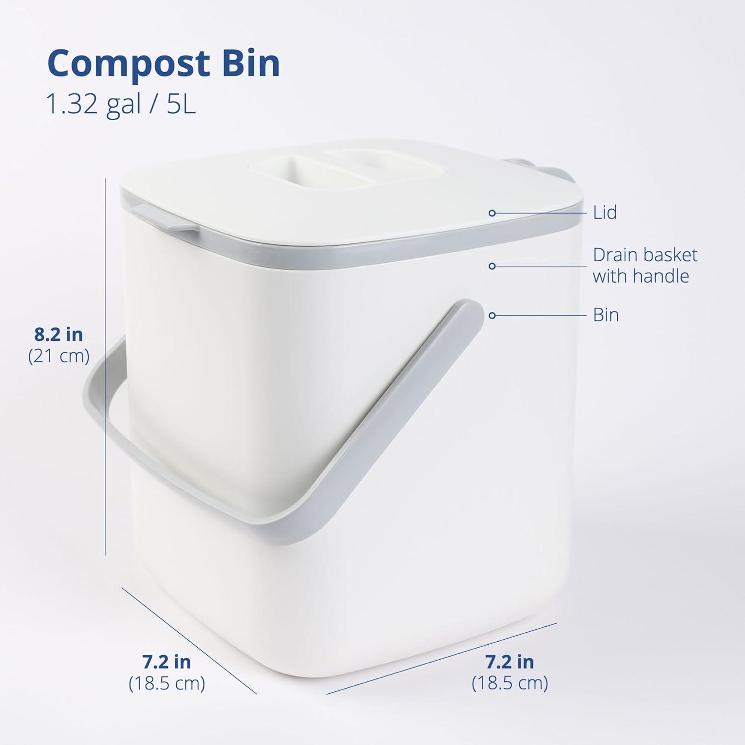 imageBLUE GINKGO Kitchen Compost Bin 5L 132 GAL FilterFree OdorTight Countertop Food Waste Pail with Handles Made in Korea WhiteWhite