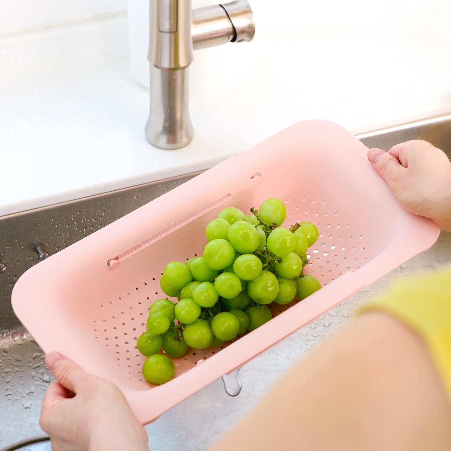 imageBLUE GINKGO Over the Sink Colander Strainer Basket Wash Vegetables and Fruits Drain Cooked Pasta and Dry Dishes Extendable New Home Kitchen Essentials Pink 2 PackGrey Pink