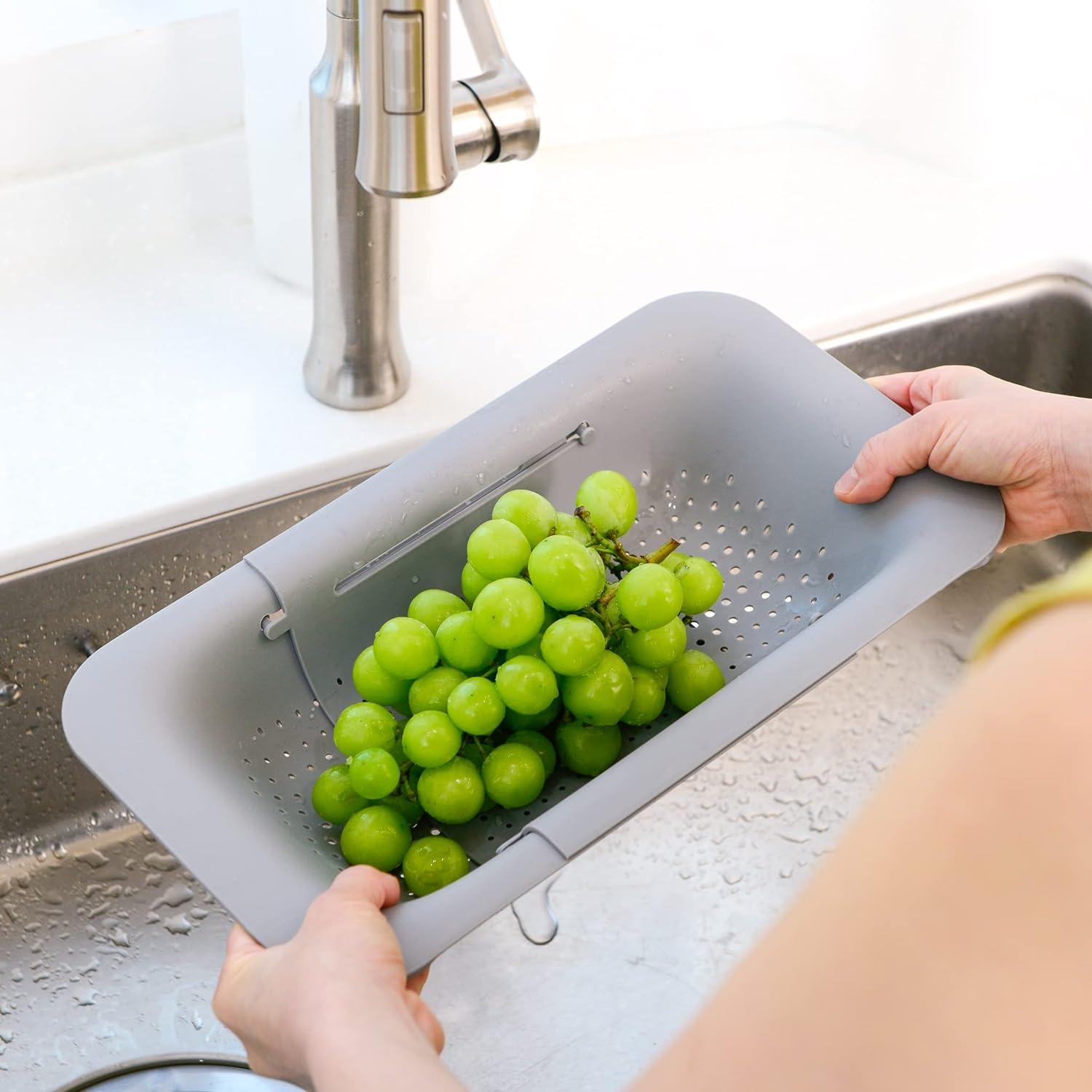 imageBLUE GINKGO Over the Sink Colander Strainer Basket Wash Vegetables and Fruits Drain Cooked Pasta and Dry Dishes Extendable New Home Kitchen Essentials Pink 2 PackGrey Grey