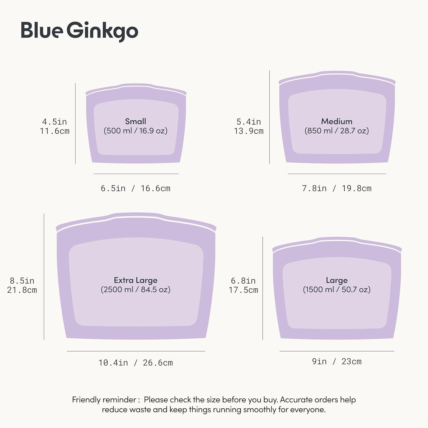 imageBlue Ginkgo Reusable Silicone Storage Bags 3Pack KoreanMade Stand Up Food Freezer Bags ClearLAVENDER