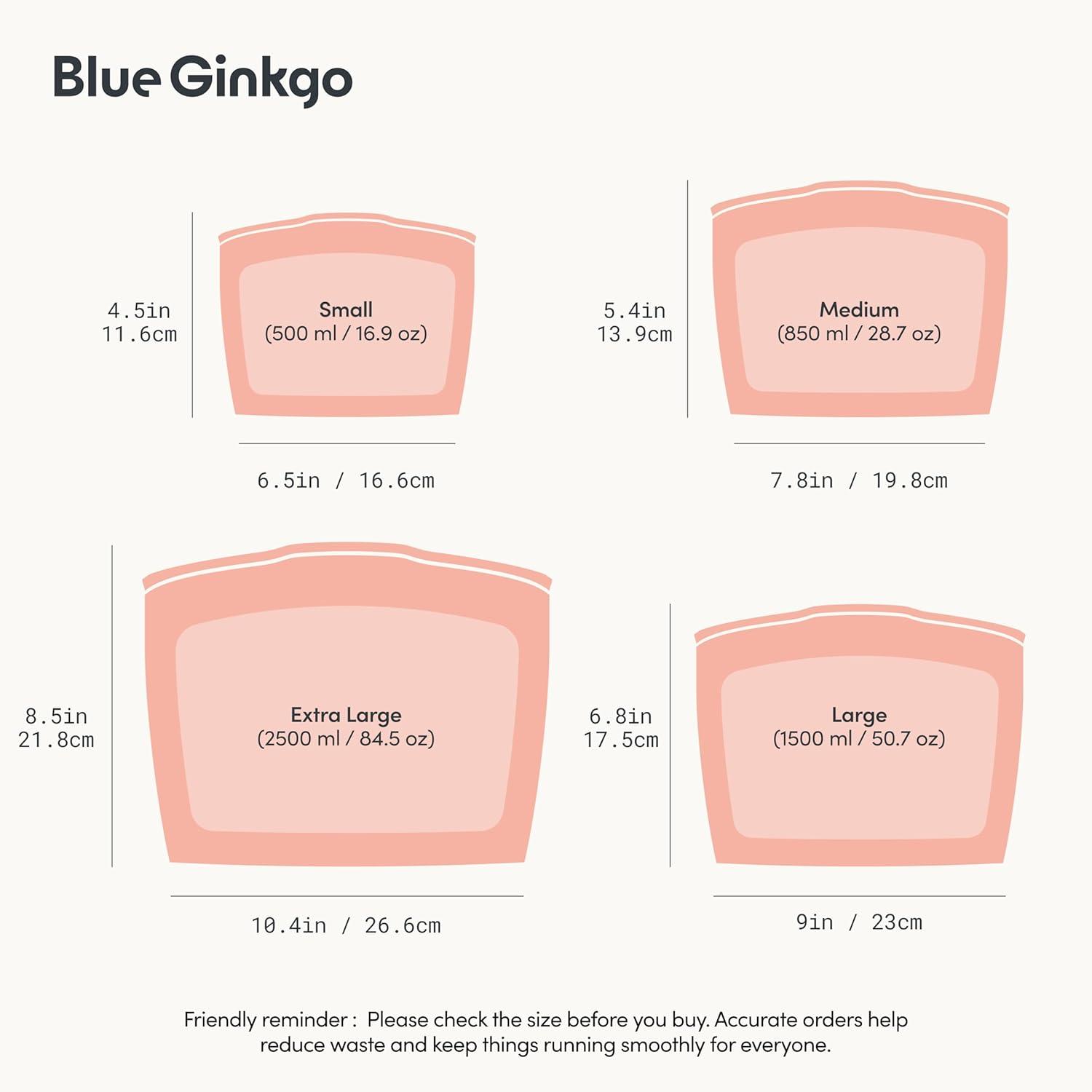 imageBlue Ginkgo Reusable Silicone Storage Bags 3Pack KoreanMade Stand Up Food Freezer Bags ClearPEACH