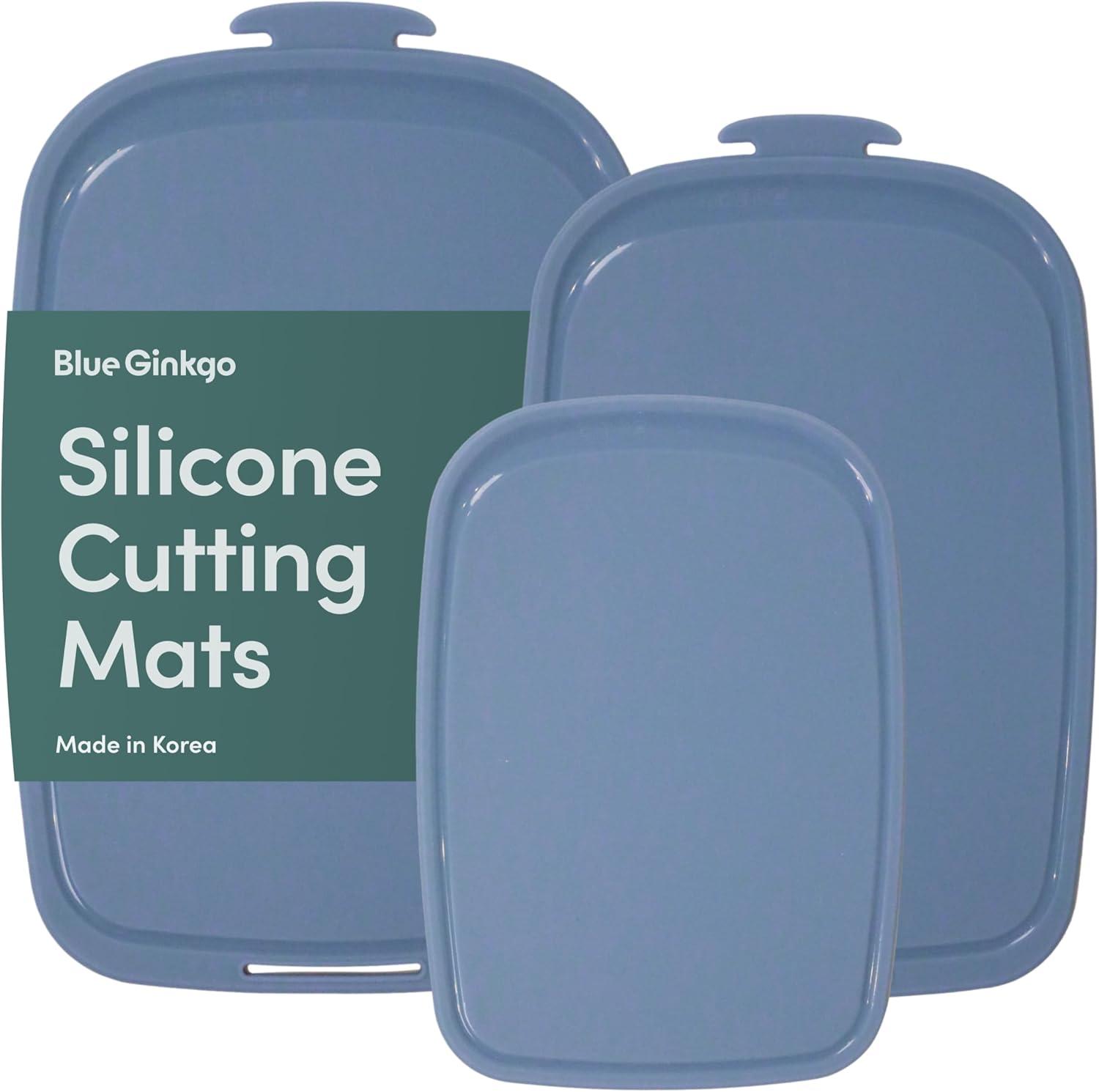 imageBlue Ginkgo Silicone Cutting Board Medium DoubleSided Thick Flexible NonSlip BPA Free Juice Grooves Dishwasher Safe Made in Korea GreyBlue