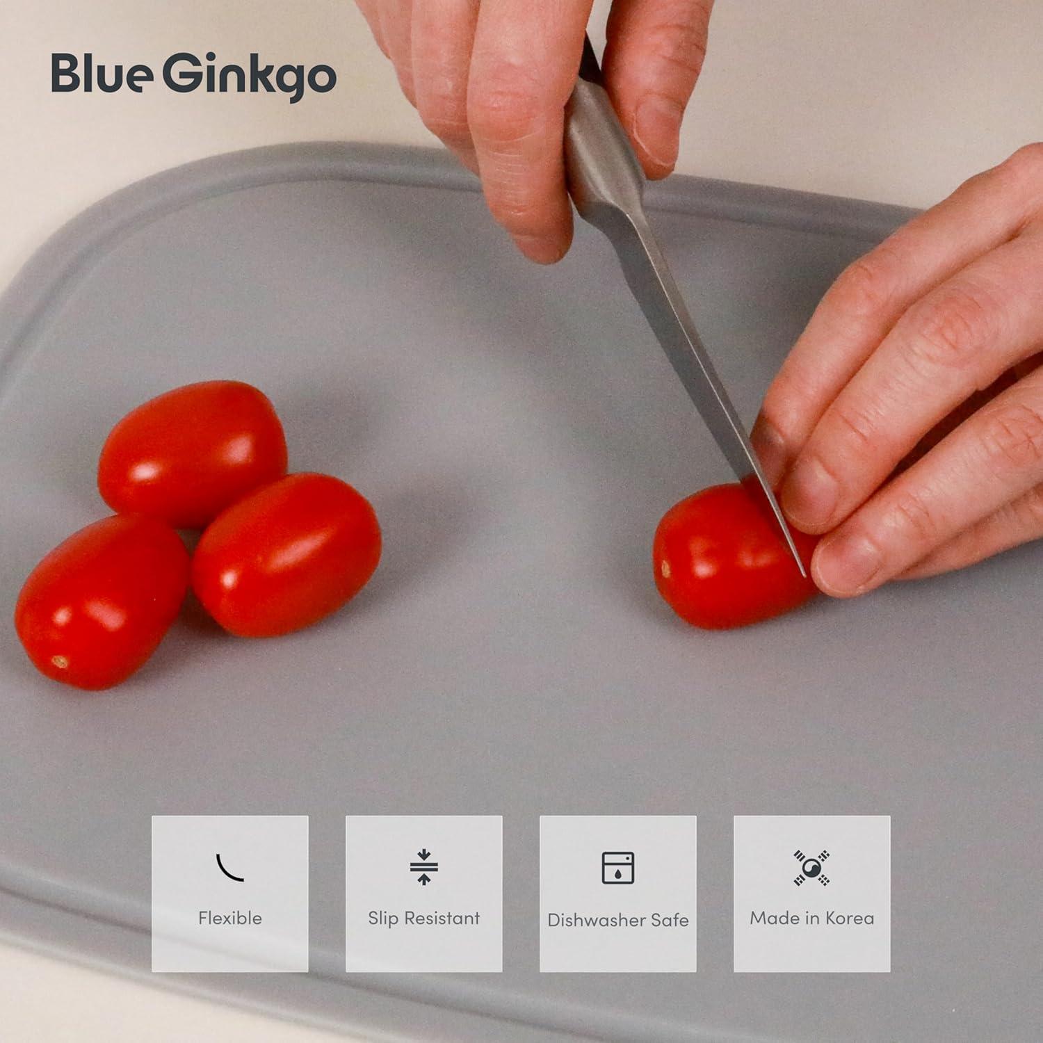 imageBlue Ginkgo Silicone Cutting Board Medium DoubleSided Thick Flexible NonSlip BPA Free Juice Grooves Dishwasher Safe Made in Korea GreyGray