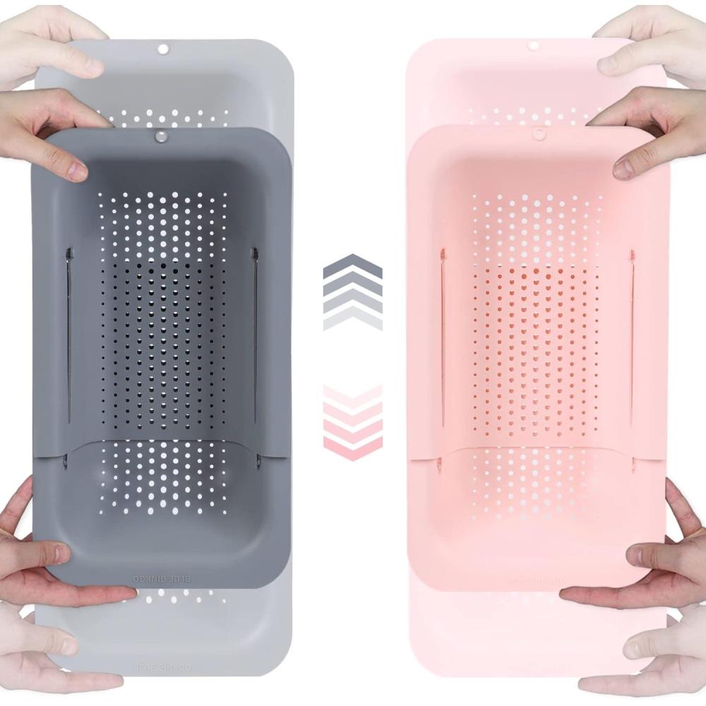 imageBLUE GINKGO Over the Sink Colander Strainer Basket Wash Vegetables and Fruits Drain Cooked Pasta and Dry Dishes Extendable New Home Kitchen Essentials Pink 2 PackGrey Pink