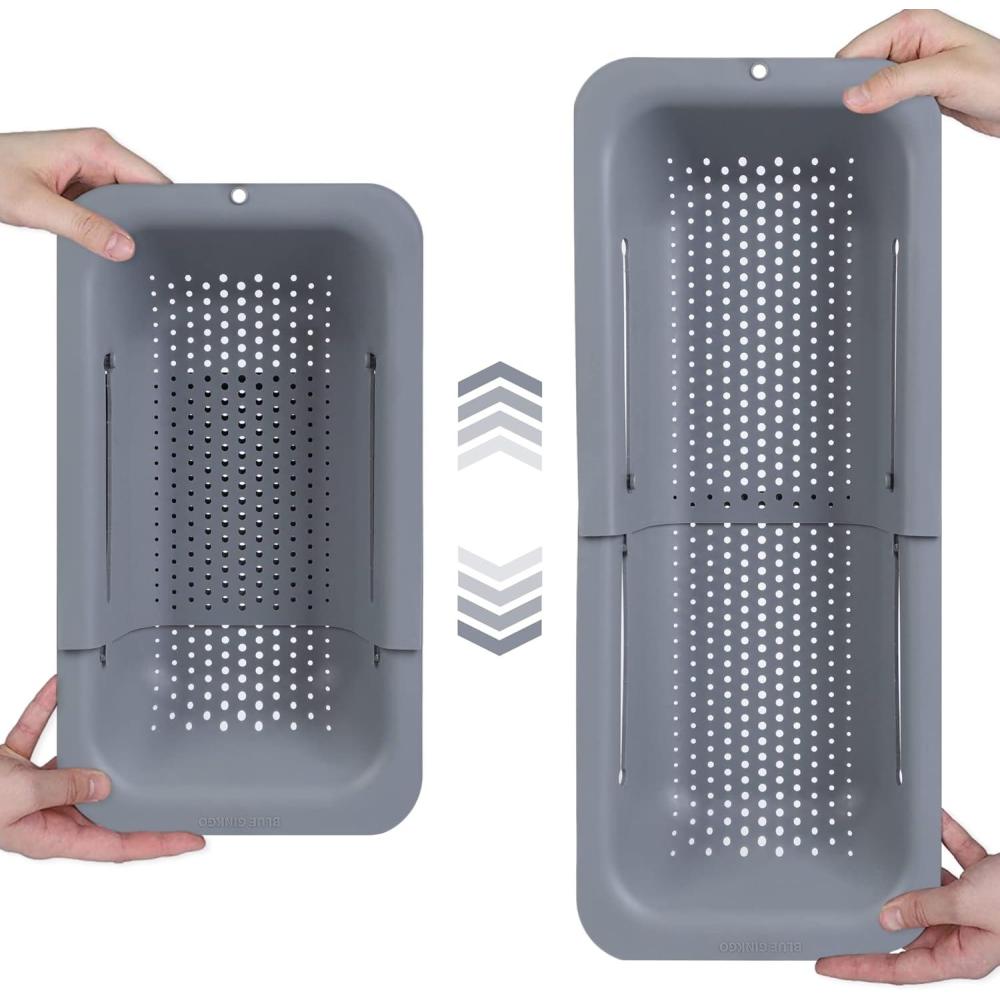imageBLUE GINKGO Over the Sink Colander Strainer Basket Wash Vegetables and Fruits Drain Cooked Pasta and Dry Dishes Extendable New Home Kitchen Essentials Grey 1 Pack