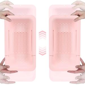 BLUE GINKGO Over the Sink Colander Strainer Basket – Wash Vegetables and Fruits, Drain Cooked Pasta and Dry Dishes – Extendable – New Home Kitchen Essentials (Pink, 2 Pack)(Pink)