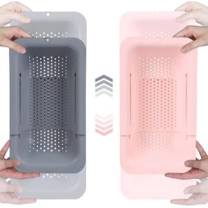 BLUE GINKGO Over the Sink Colander Strainer Basket – Wash Vegetables and Fruits, Drain Cooked Pasta and Dry Dishes – Extendable – New Home Kitchen Essentials (Pink, 2 Pack)(Grey Pink)