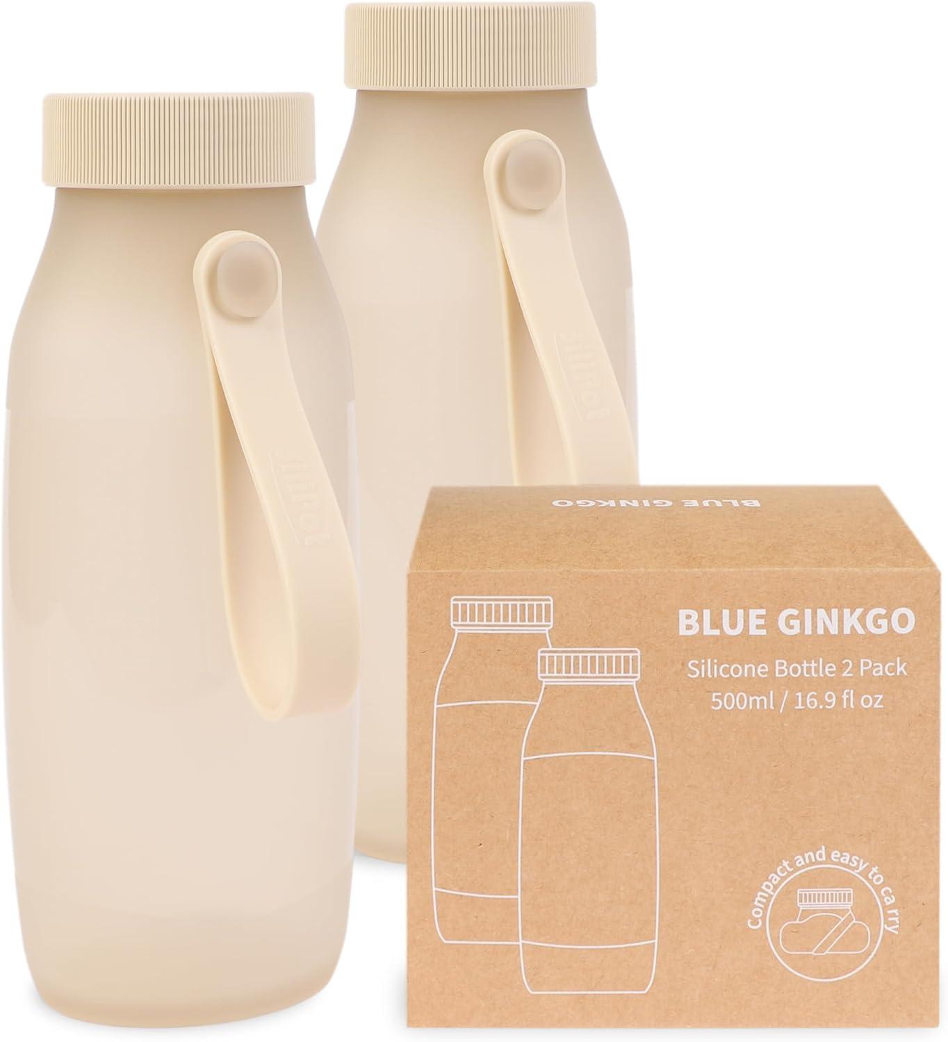 imageBLUE GINKGO Collapsible Water Bottle Lightweight Foldable Silicone Bottle for Travel Hiking and Camping 169oz Made in Korea Rose PinkSand Beige