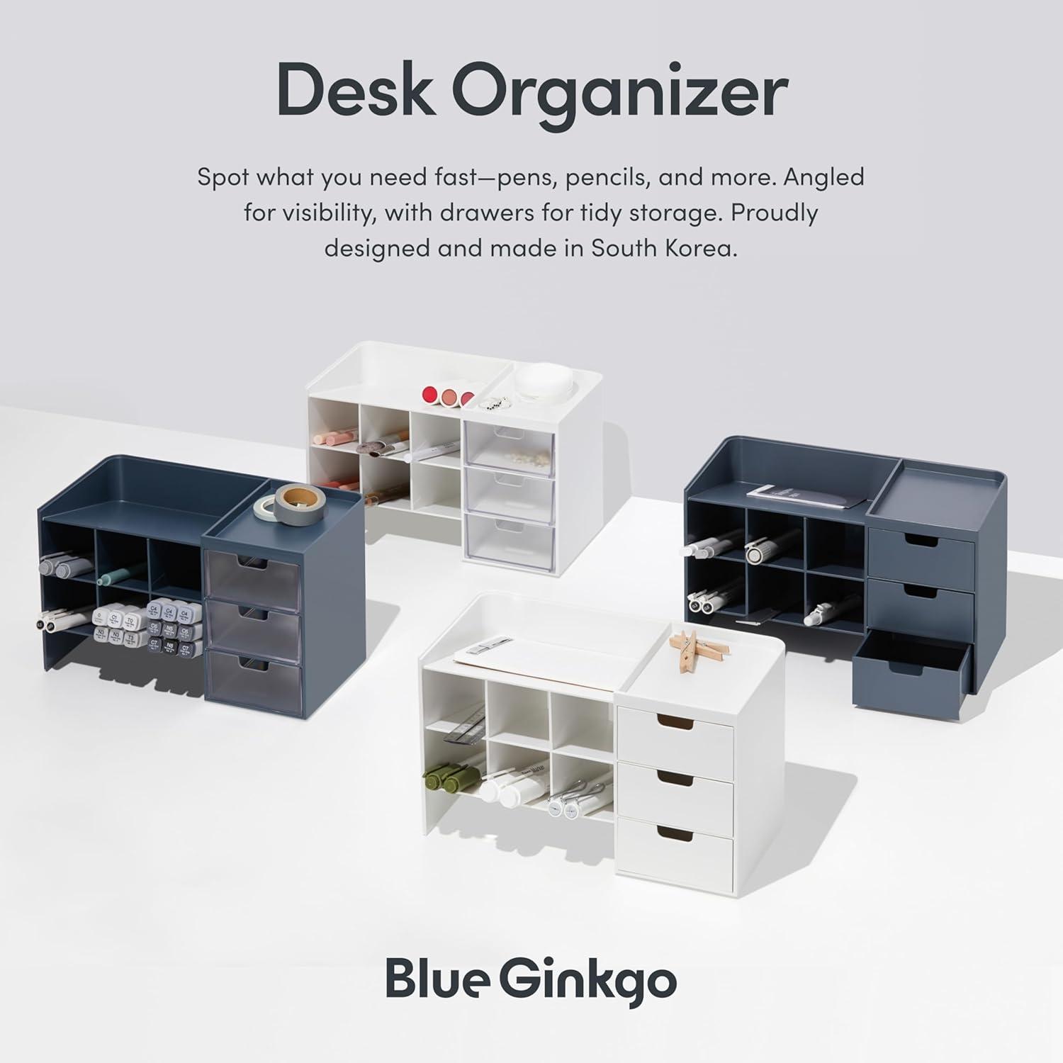 imageBLUE GINKGO Hive Stack Desk Organizer Stackable Pen Holder Stationary Organizer with Drawers Office Storage School Supplies Makeup Made in Korea BlueWHITE TRNS