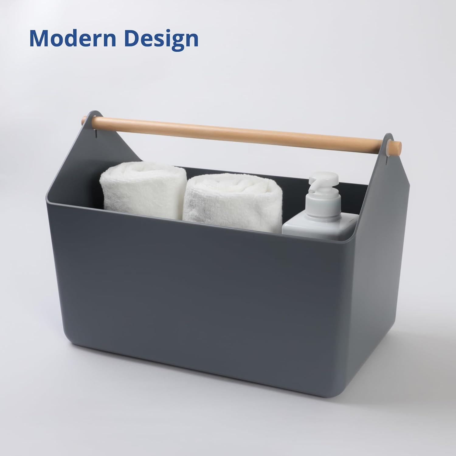 imageBLUE GINKGO Large Storage Basket Plastic Caddy with Wooden Handle for Bathroom Pantry or Cleaning Supplies PinkGREY