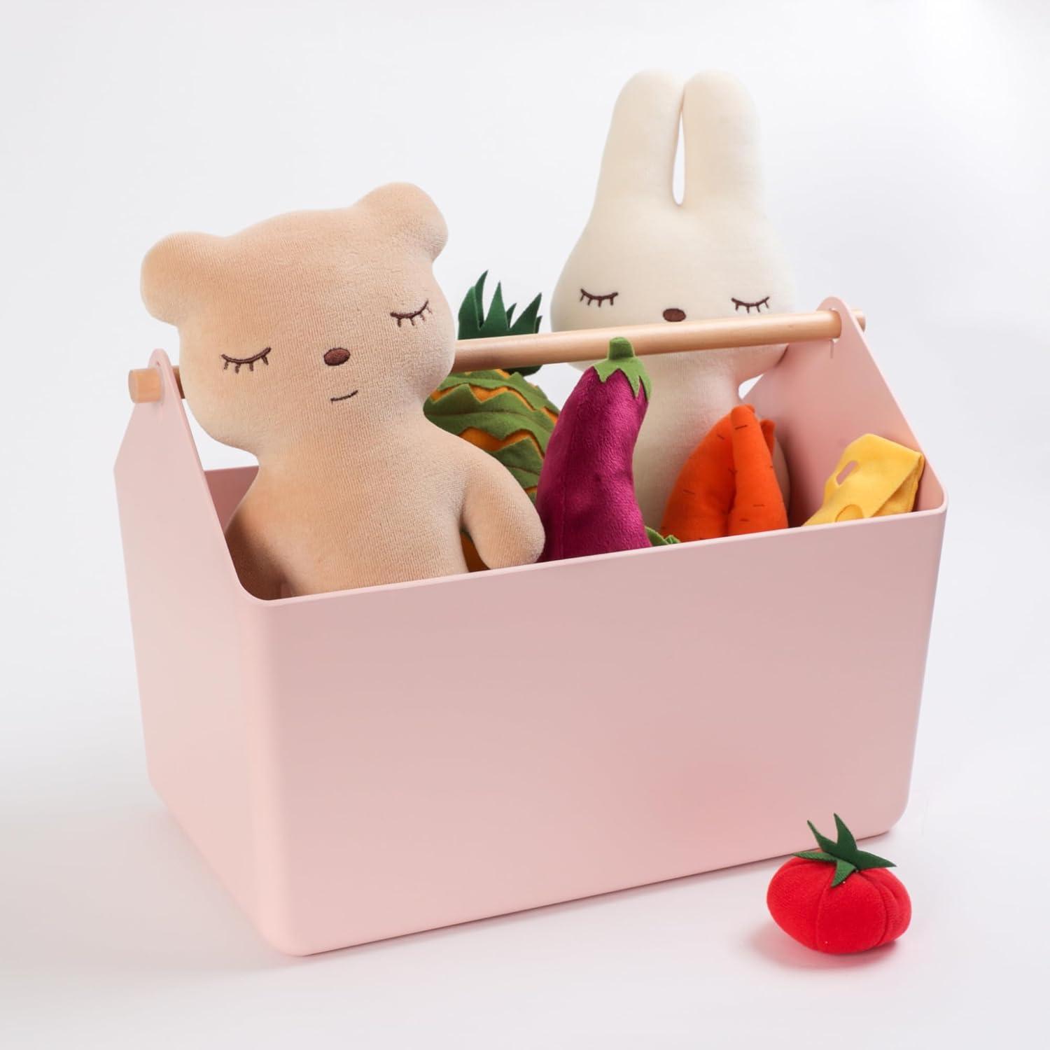 imageBLUE GINKGO Large Storage Basket Plastic Caddy with Wooden Handle for Bathroom Pantry or Cleaning Supplies PinkPINK