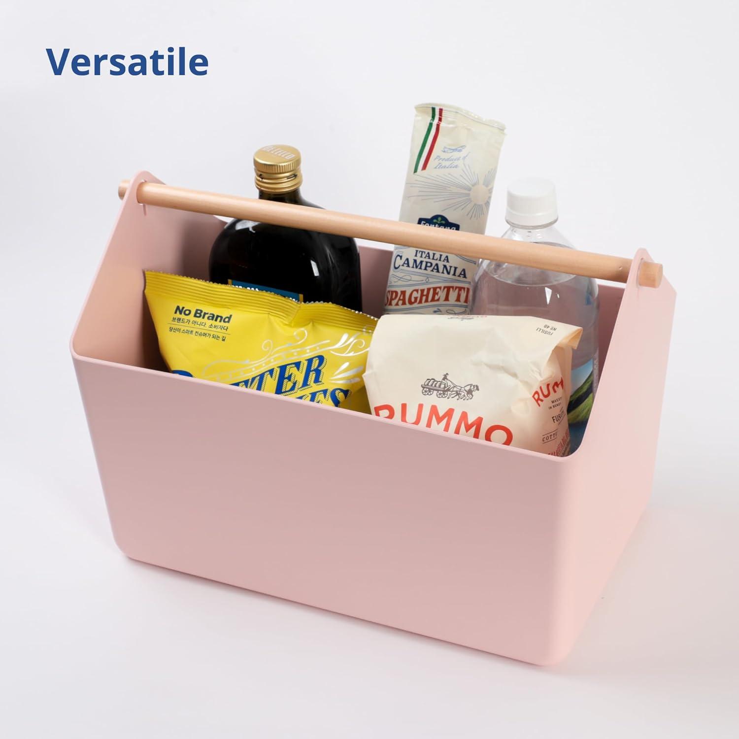 imageBLUE GINKGO Large Storage Basket Plastic Caddy with Wooden Handle for Bathroom Pantry or Cleaning Supplies PinkPINK