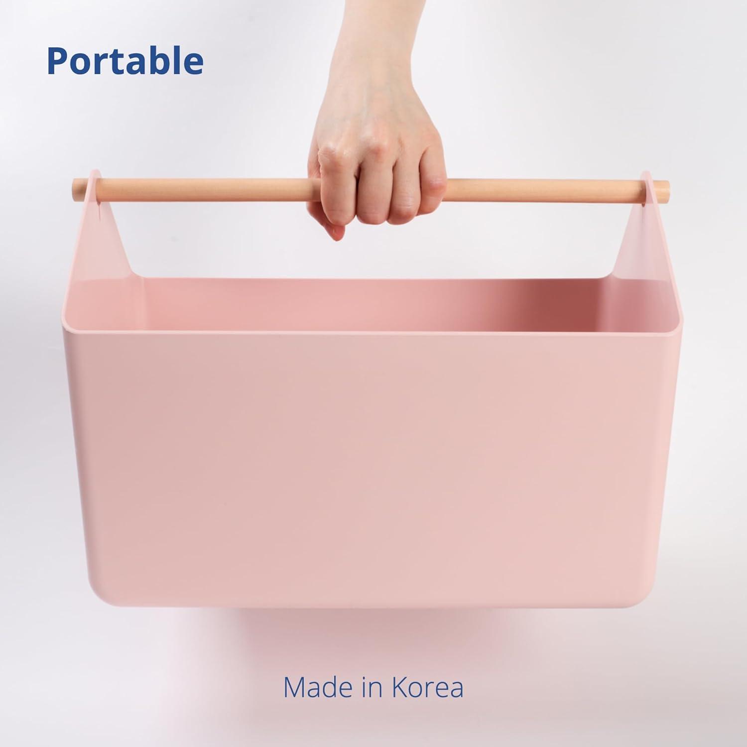 imageBLUE GINKGO Large Storage Basket Plastic Caddy with Wooden Handle for Bathroom Pantry or Cleaning Supplies PinkPINK