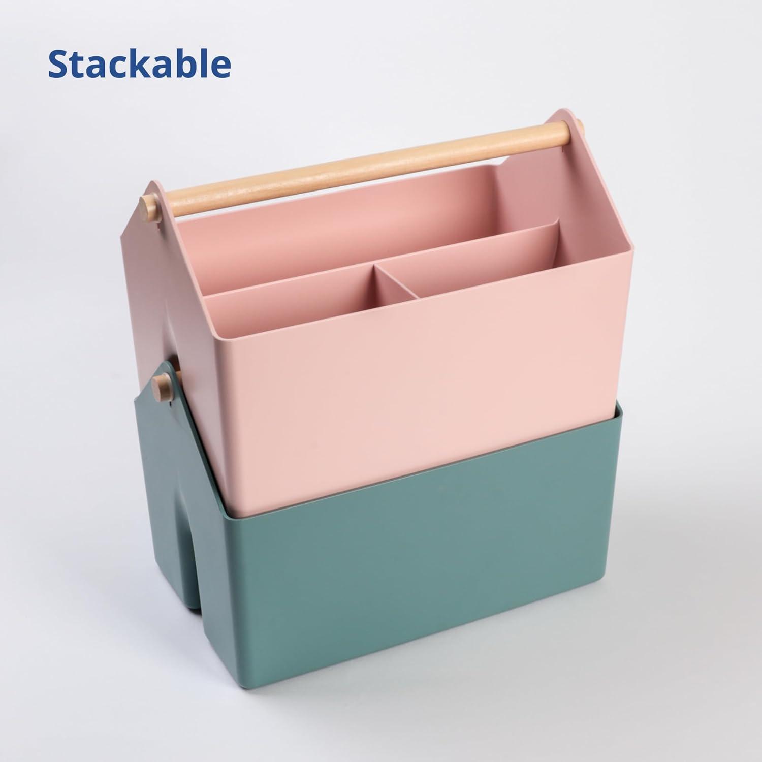 imageBLUE GINKGO Large Storage Basket Plastic Caddy with Wooden Handle for Bathroom Pantry or Cleaning Supplies PinkPINK