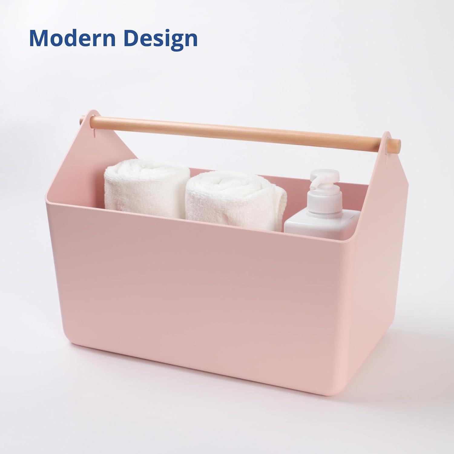 imageBLUE GINKGO Large Storage Basket Plastic Caddy with Wooden Handle for Bathroom Pantry or Cleaning Supplies PinkPINK