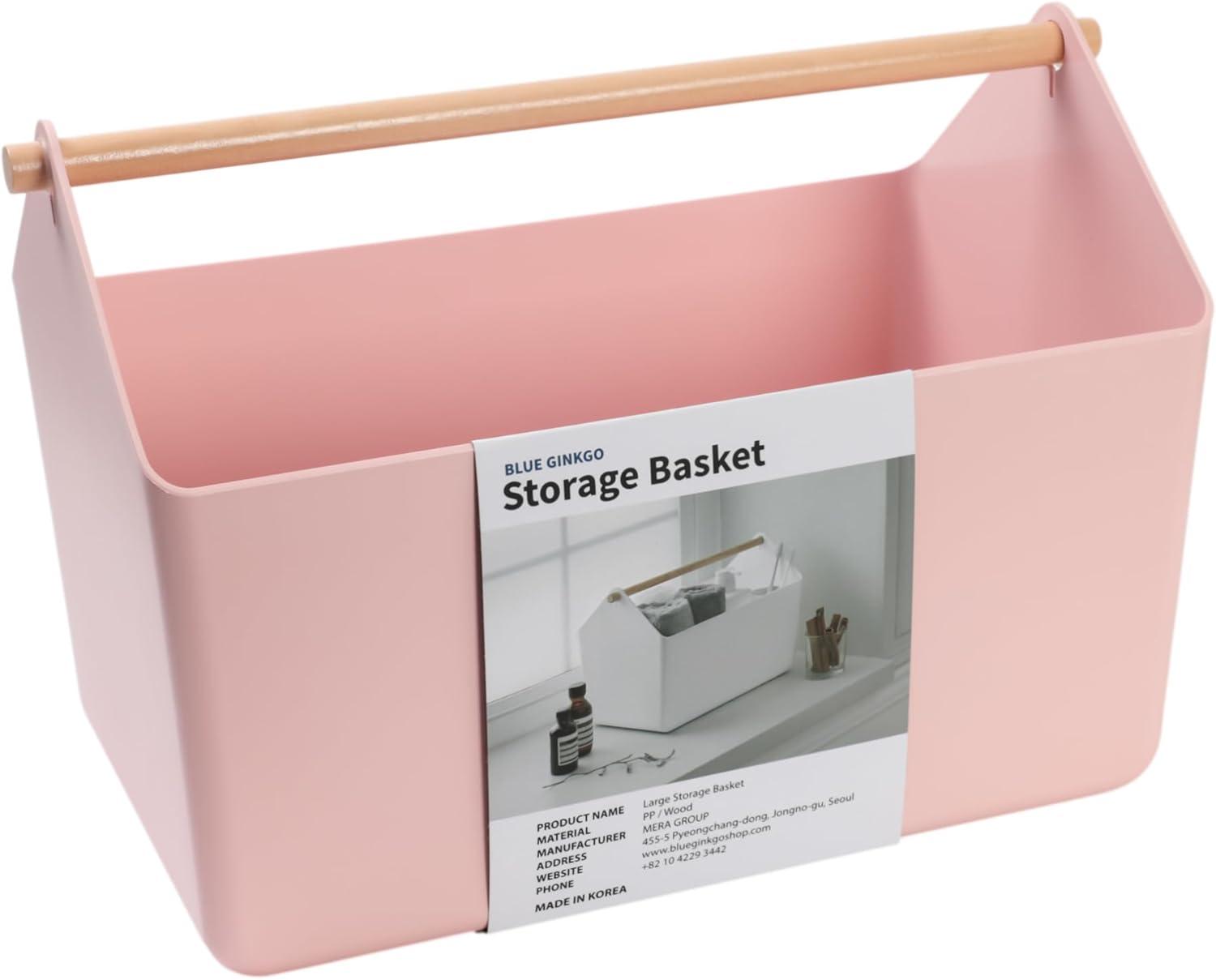 imageBLUE GINKGO Large Storage Basket Plastic Caddy with Wooden Handle for Bathroom Pantry or Cleaning Supplies PinkPINK