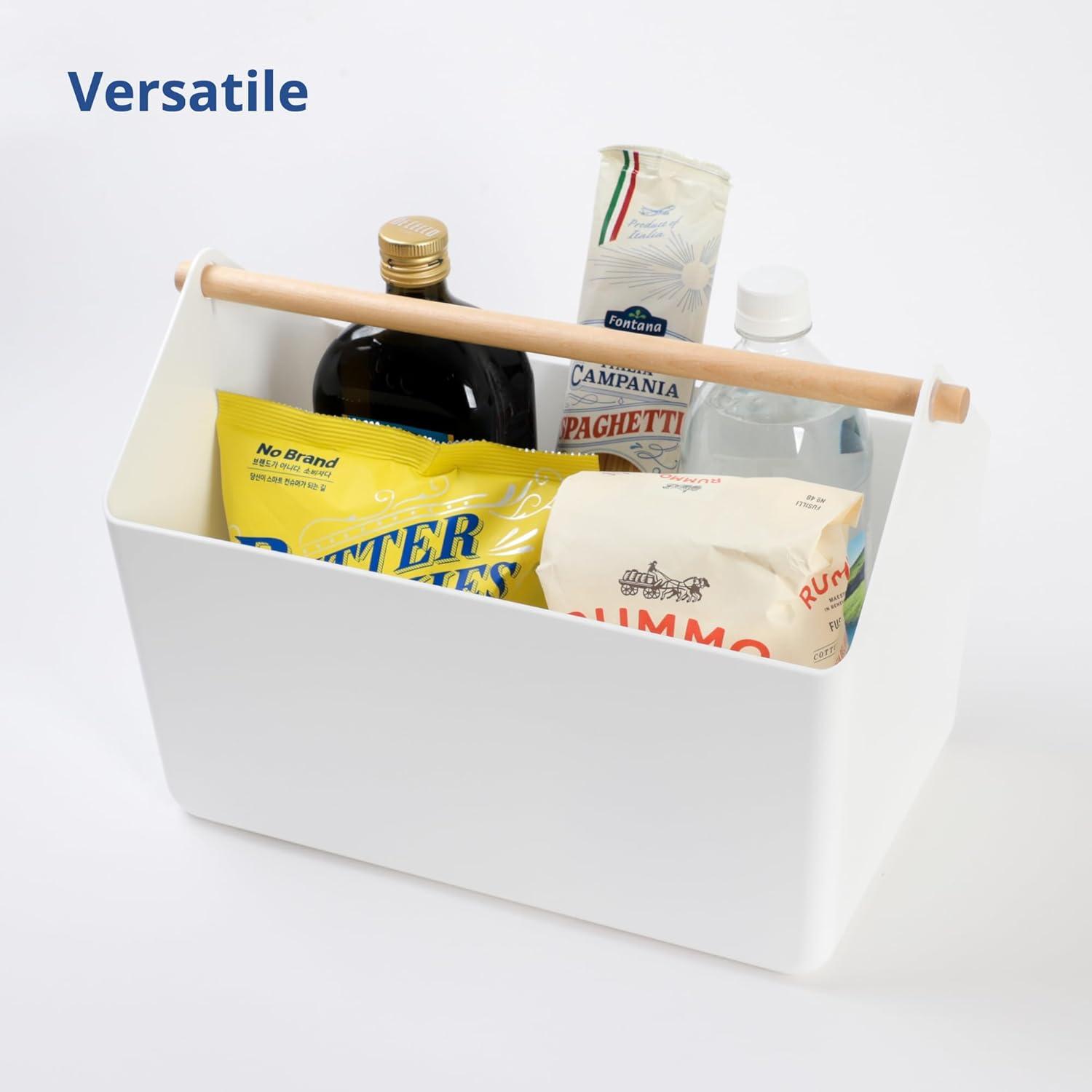 imageBLUE GINKGO Large Storage Basket Plastic Caddy with Wooden Handle for Bathroom Pantry or Cleaning Supplies PinkWHITE