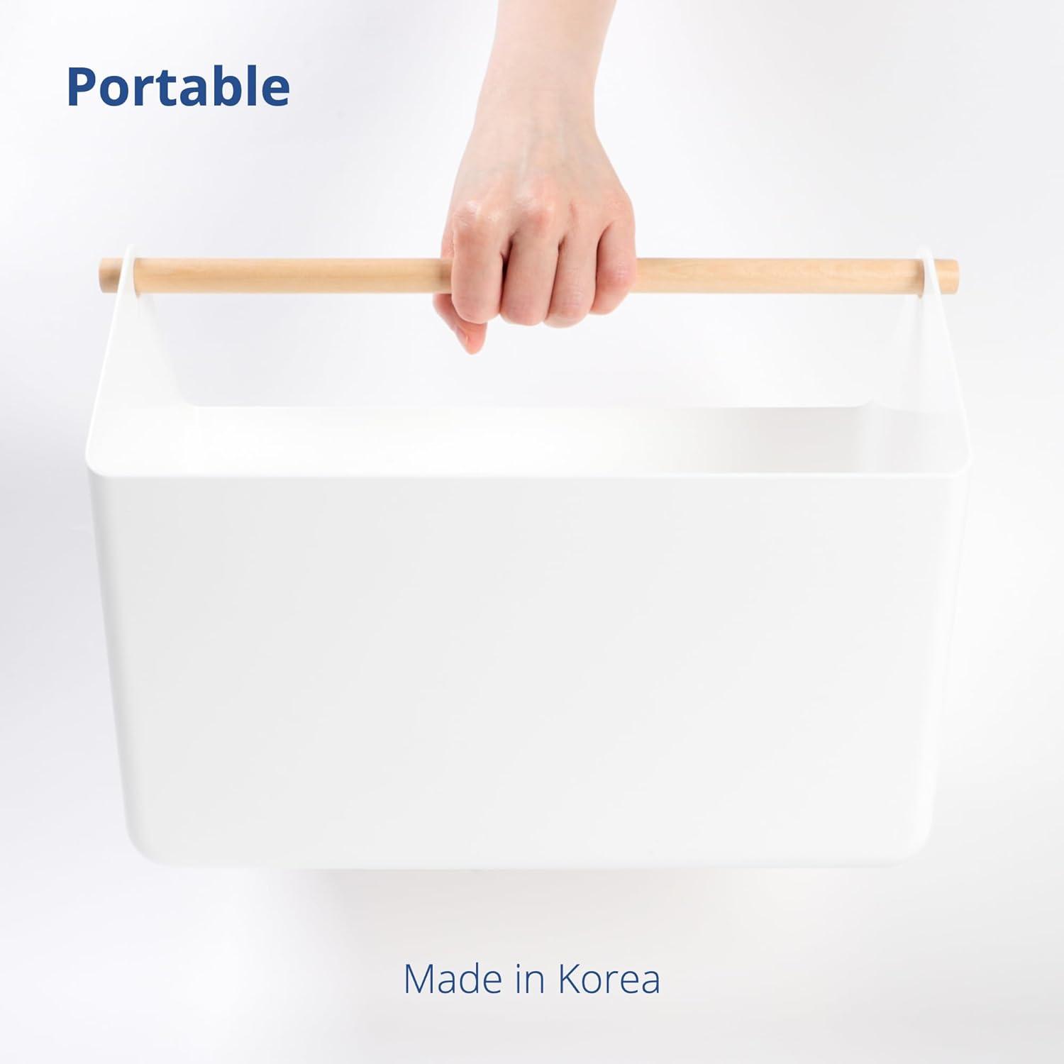 imageBLUE GINKGO Large Storage Basket Plastic Caddy with Wooden Handle for Bathroom Pantry or Cleaning Supplies PinkWHITE