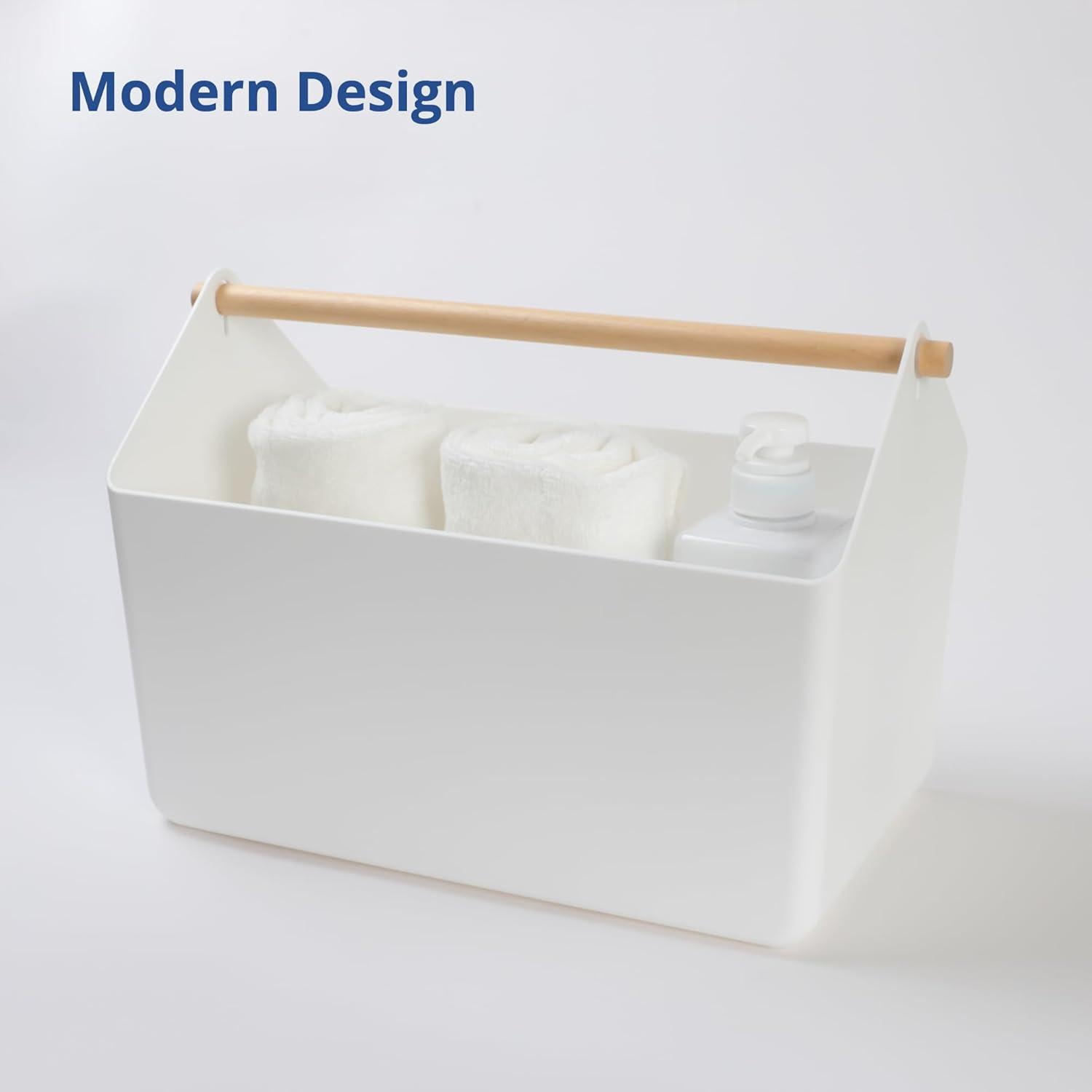 imageBLUE GINKGO Large Storage Basket Plastic Caddy with Wooden Handle for Bathroom Pantry or Cleaning Supplies PinkWHITE