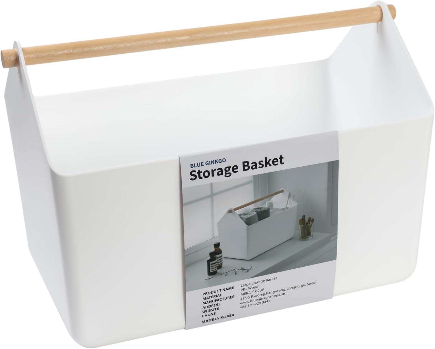 imageBLUE GINKGO Large Storage Basket Plastic Caddy with Wooden Handle for Bathroom Pantry or Cleaning Supplies PinkWHITE