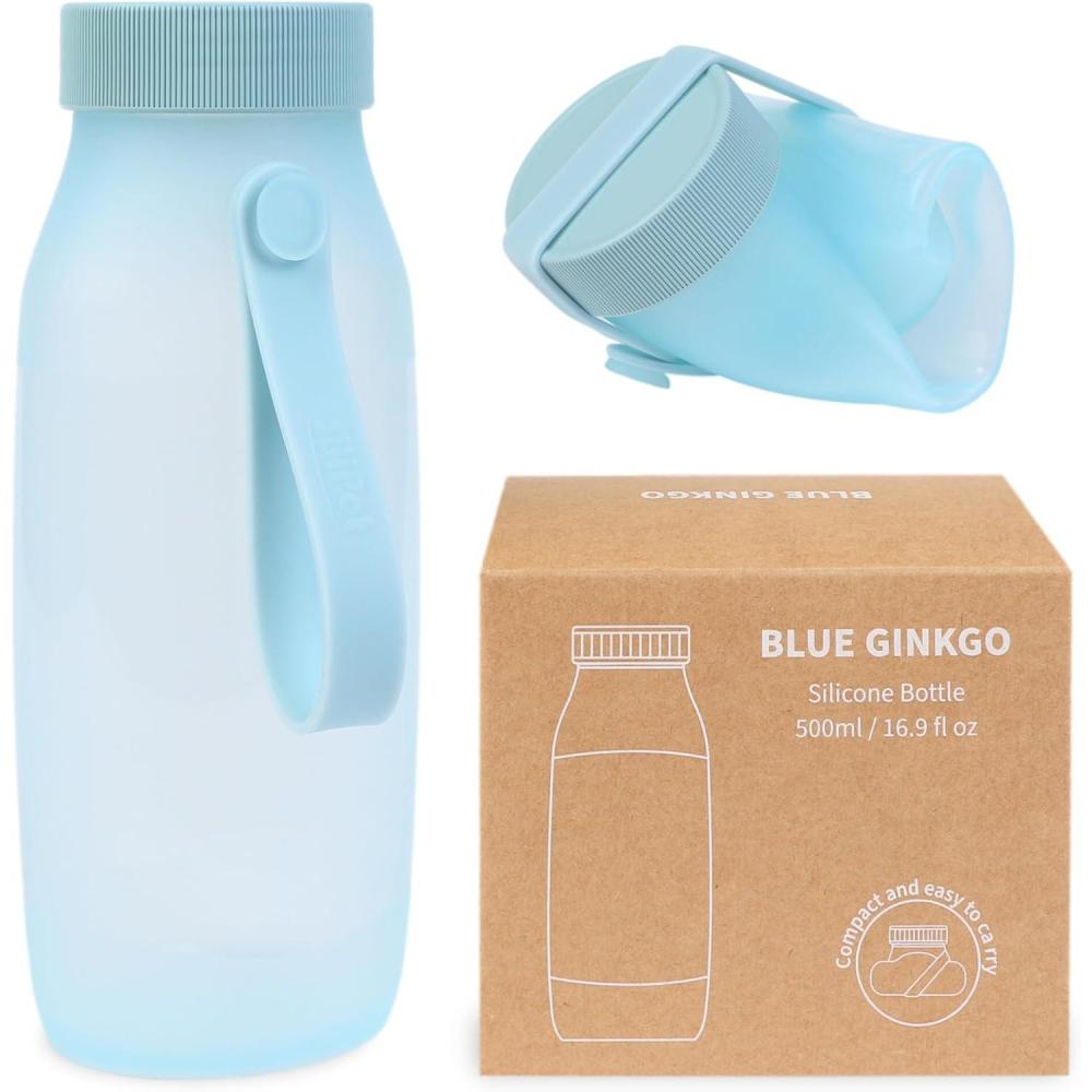 imageBLUE GINKGO Collapsible Water Bottle  Lightweight Foldable Silicone Bottle for Travel Hiking and Camping 169oz Made in Korea Rose PinkBlue