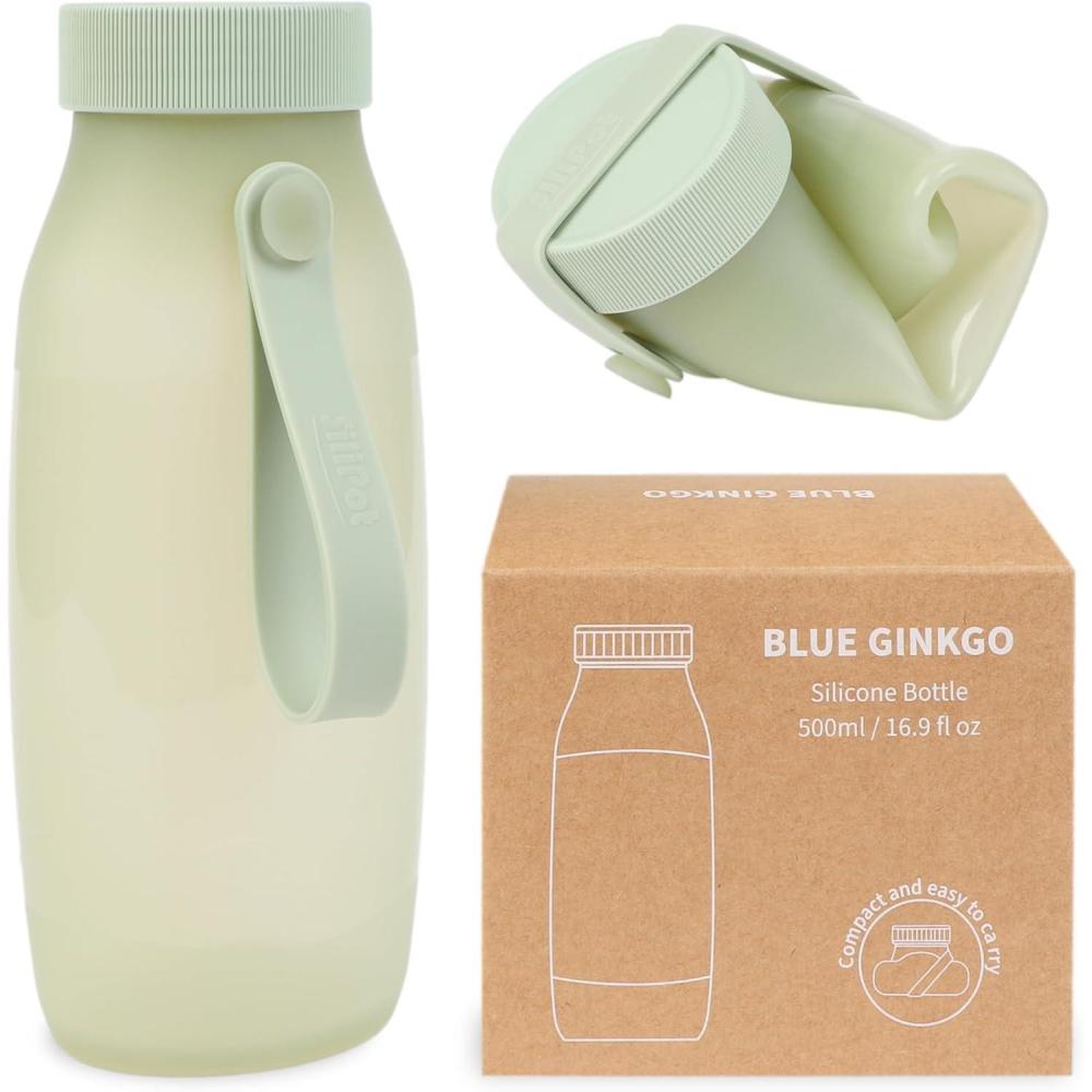 imageBLUE GINKGO Collapsible Water Bottle Lightweight Foldable Silicone Bottle for Travel Hiking and Camping 169oz Made in Korea Rose PinkOlive Green