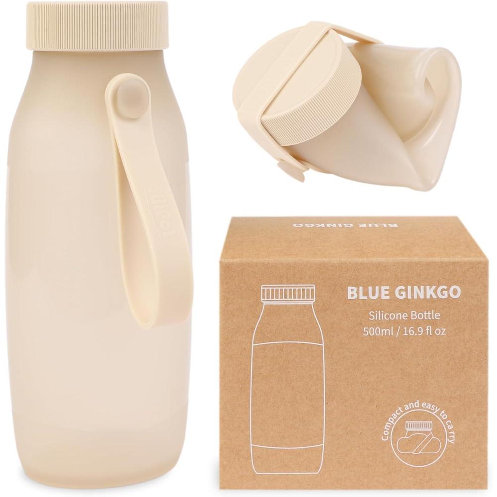 imageBLUE GINKGO Collapsible Water Bottle Lightweight Foldable Silicone Bottle for Travel Hiking and Camping 169oz Made in Korea Rose PinkSand Beige