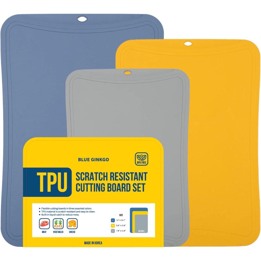 imageBlue Ginkgo TPU Cutting Mats Set of 3 KoreanMade Flexible KnifeFriendly Durable Kitchen Cutting Boards Blue Yellow GrayBlue Yellow Gray