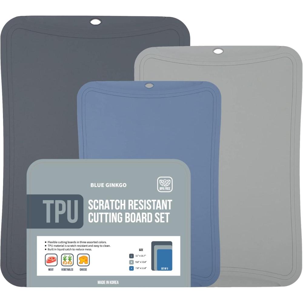 imageBlue Ginkgo TPU Cutting Mats Set of 3 KoreanMade Flexible KnifeFriendly Durable Kitchen Cutting Boards Blue Yellow GrayDark Gray Gray Blue