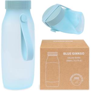 BLUE GINKGO Collapsible Water Bottle – Lightweight, Foldable Silicone Bottle for Travel, Hiking, and Camping (16.9oz, Made in Korea, Rose Pink)(Blue)
