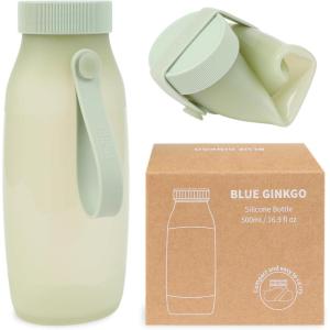 BLUE GINKGO Collapsible Water Bottle – Lightweight, Foldable Silicone Bottle for Travel, Hiking, and Camping (16.9oz, Made in Korea, Rose Pink)(Olive Green)