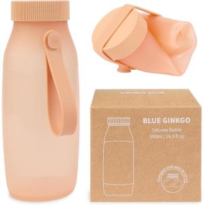 BLUE GINKGO Collapsible Water Bottle – Lightweight, Foldable Silicone Bottle for Travel, Hiking, and Camping (16.9oz, Made in Korea, Rose Pink)(Peach)
