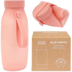 BLUE GINKGO Collapsible Water Bottle – Lightweight, Foldable Silicone Bottle for Travel, Hiking, and Camping (16.9oz, Made in Korea, Rose Pink)(Rose Pink)
