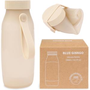 BLUE GINKGO Collapsible Water Bottle – Lightweight, Foldable Silicone Bottle for Travel, Hiking, and Camping (16.9oz, Made in Korea, Rose Pink)(Sand Beige)