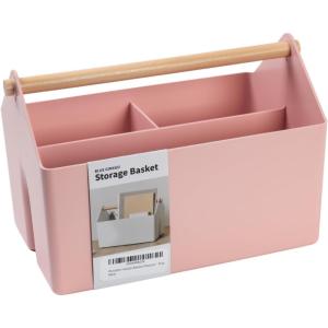 BLUE GINKGO Large Storage Basket – Plastic Caddy with Wooden Handle for Bathroom, Pantry, or Cleaning Supplies (Pink)(PINK)