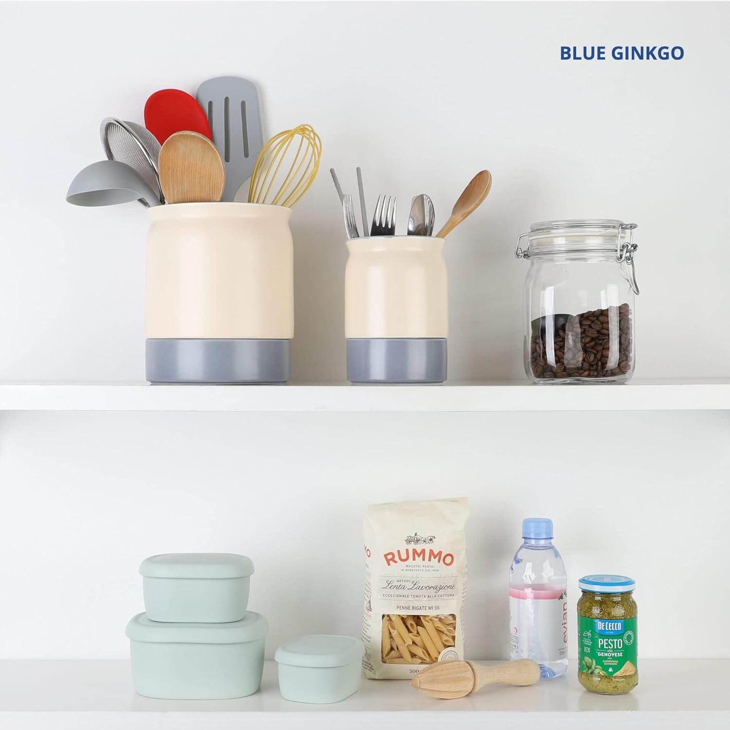 imageBLUE GINKGO Ceramic Utensil Holders Set of 2 Cutlery Crocks with Removable Drip Tray WhiteBlue