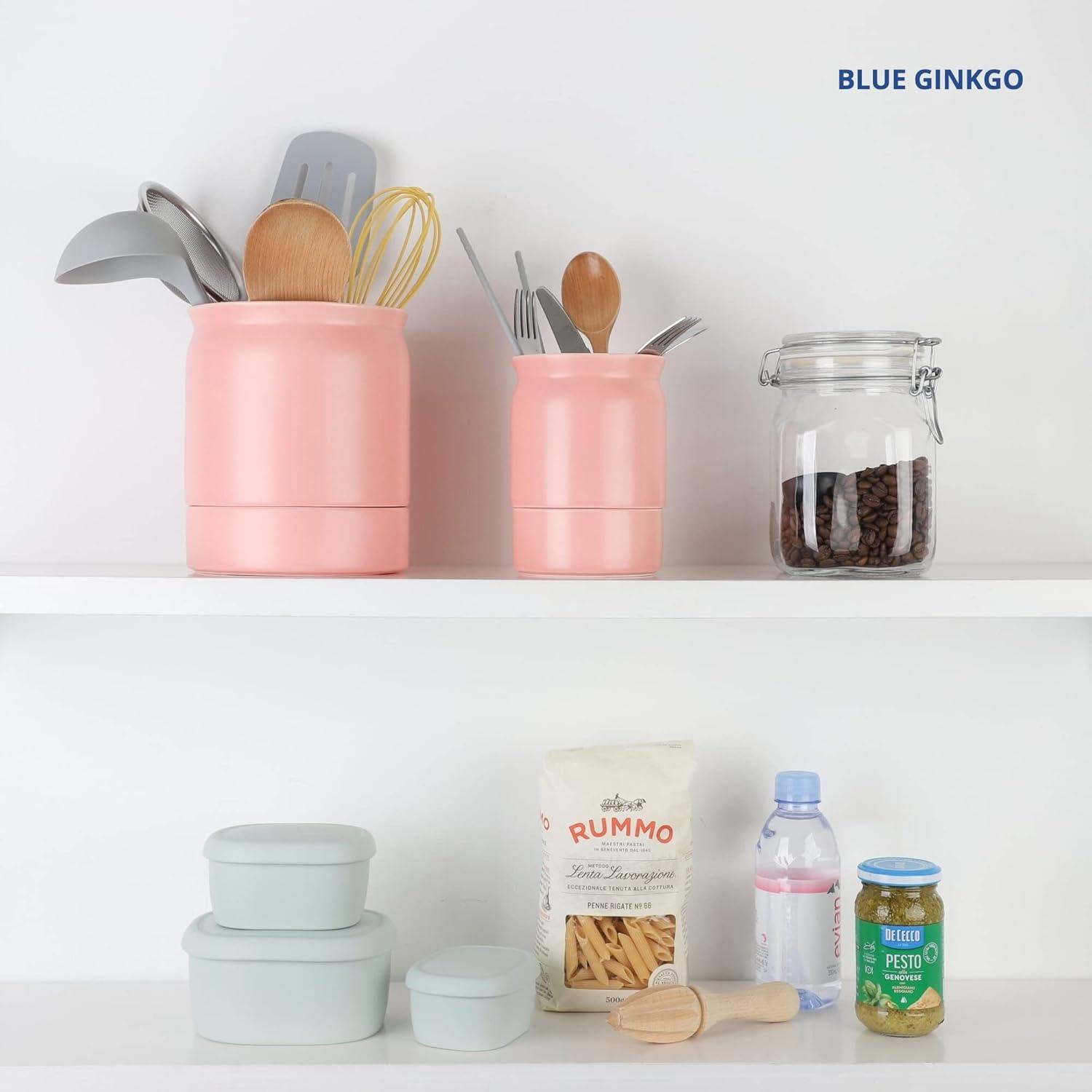 imageBLUE GINKGO Ceramic Utensil Holders Set of 2 Cutlery Crocks with Removable Drip Tray WhitePink