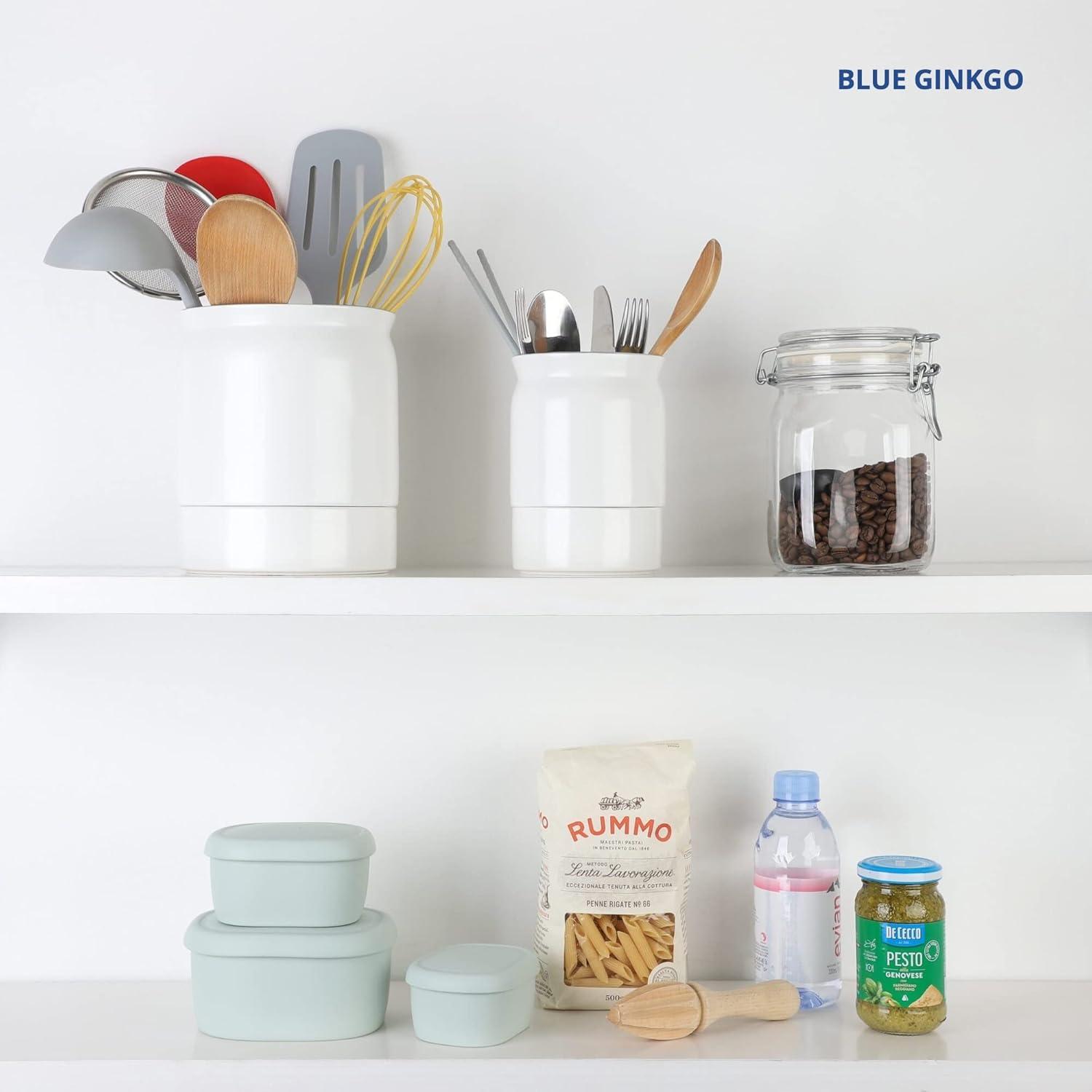 imageBLUE GINKGO Ceramic Utensil Holders Set of 2 Cutlery Crocks with Removable Drip Tray WhiteWhite