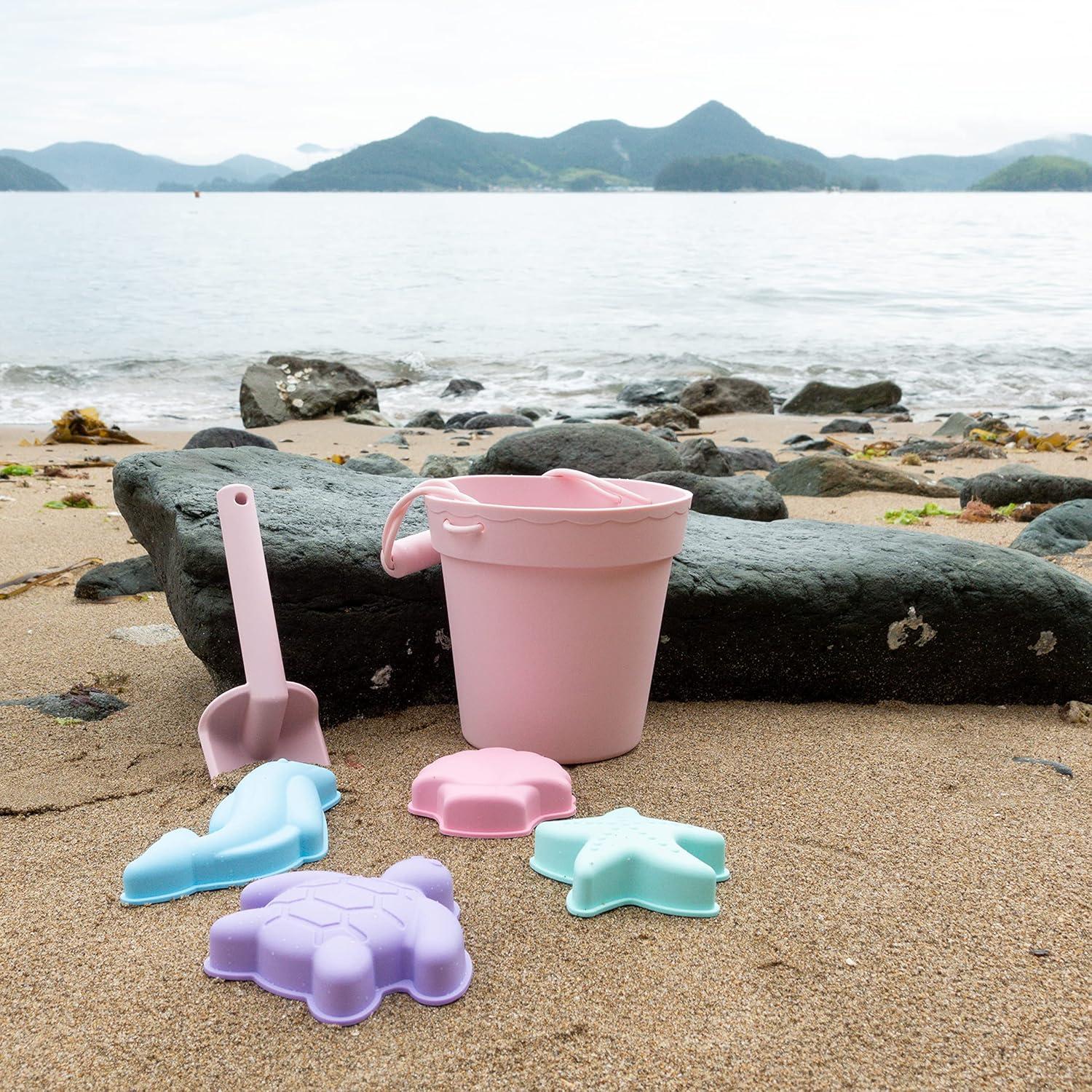 imageBLUE GINKGO Silicone Beach Toys Modern Baby Travel Friendly Toys Set Silicone Bucket Shovel 4 Sand Molds Beach Bag Sand Toys for Toddlers Kids YellowPink