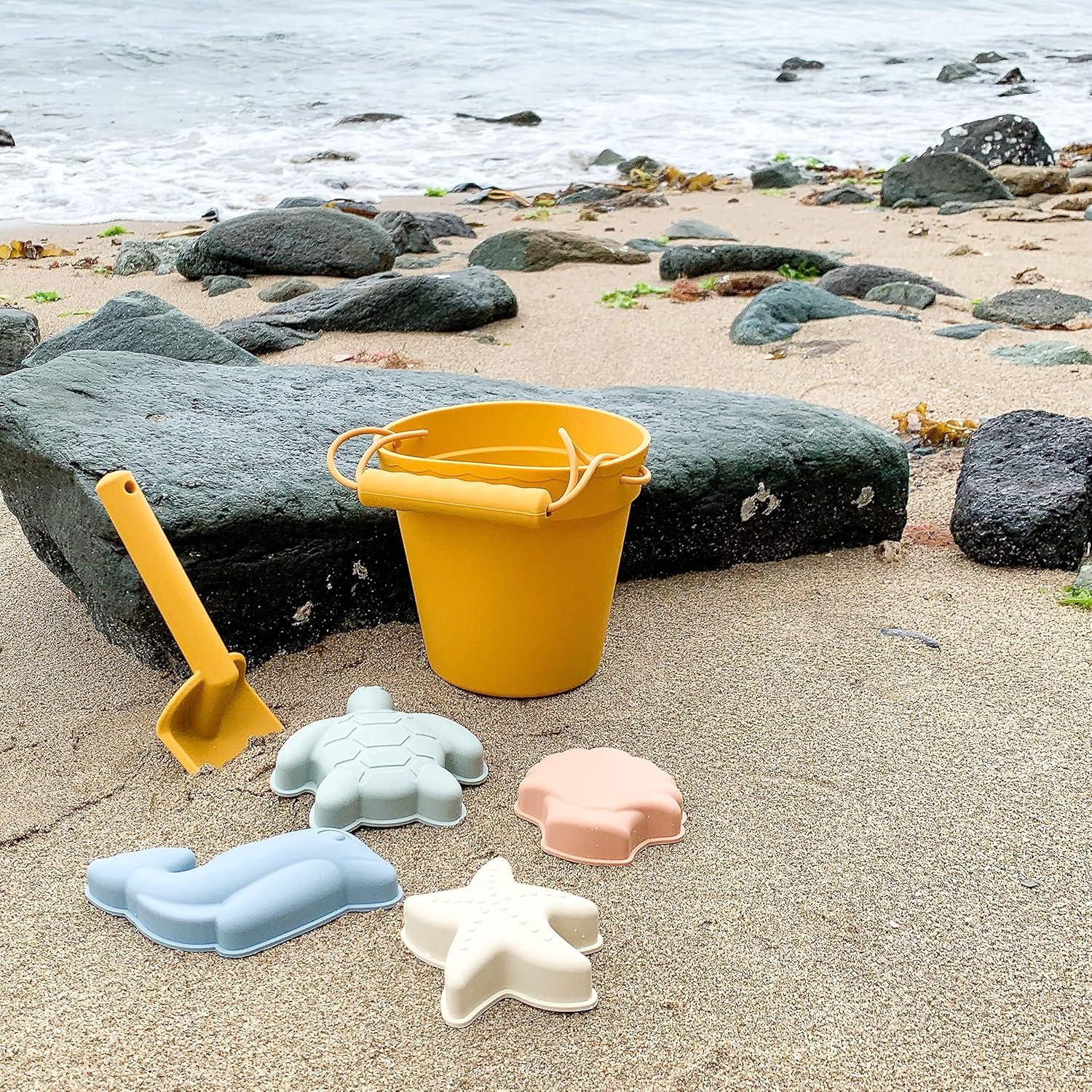 imageBLUE GINKGO Silicone Beach Toys Modern Baby Travel Friendly Toys Set Silicone Bucket Shovel 4 Sand Molds Beach Bag Sand Toys for Toddlers Kids YellowYellow