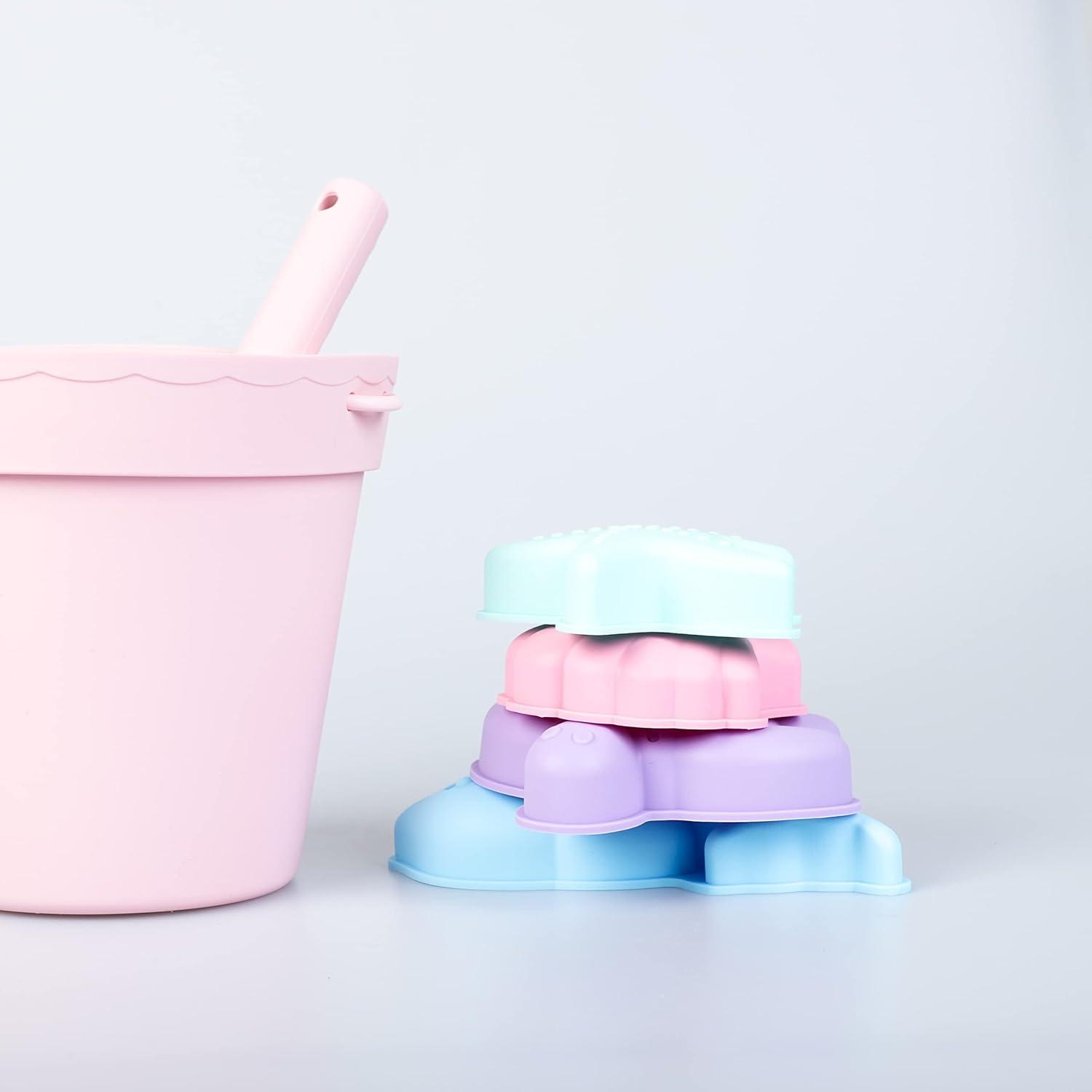 imageBLUE GINKGO Silicone Beach Toys Modern Baby Travel Friendly Toys Set Silicone Bucket Shovel 4 Sand Molds Beach Bag Sand Toys for Toddlers Kids YellowPink