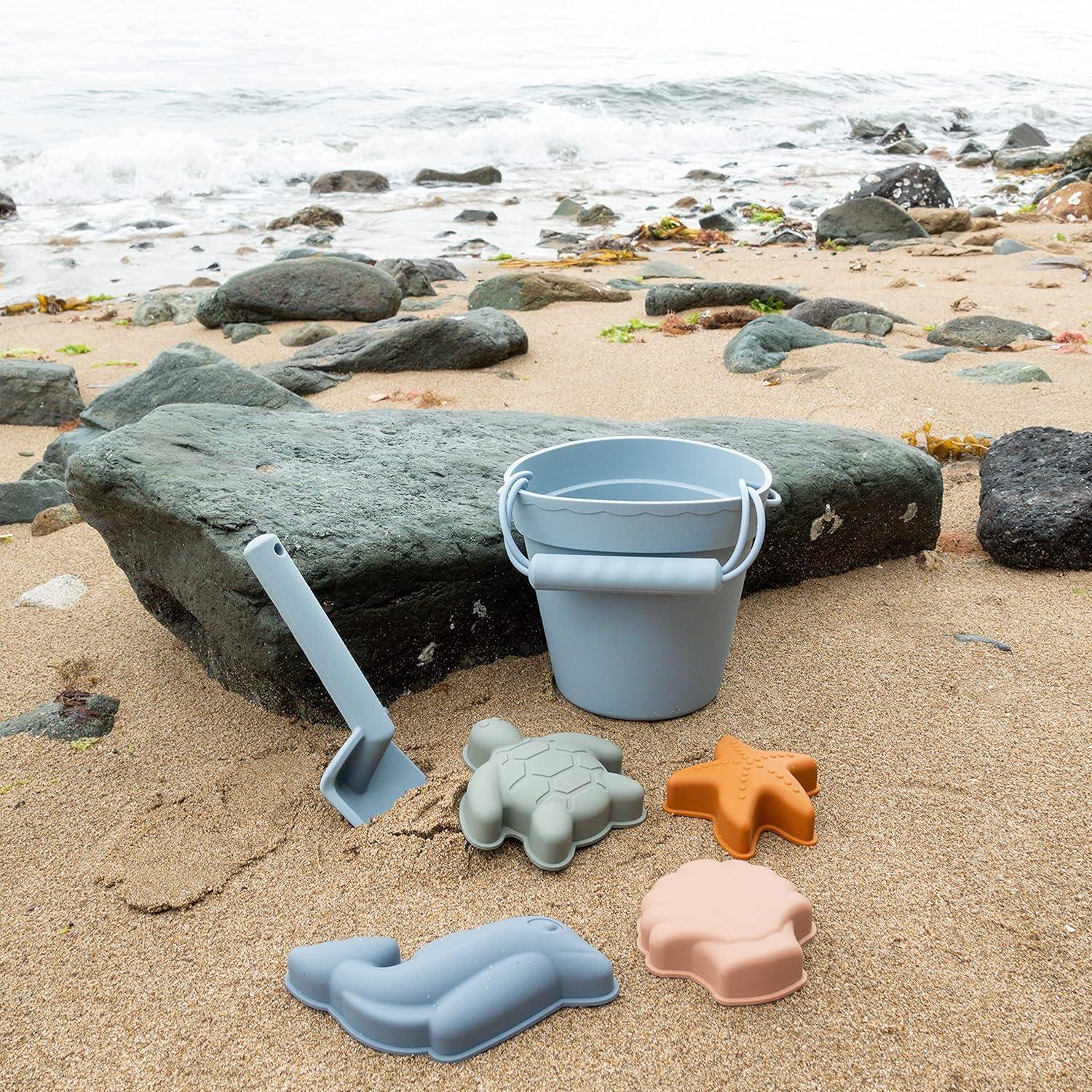 imageBLUE GINKGO Silicone Beach Toys Modern Baby Travel Friendly Toys Set Silicone Bucket Shovel 4 Sand Molds Beach Bag Sand Toys for Toddlers Kids YellowBlue