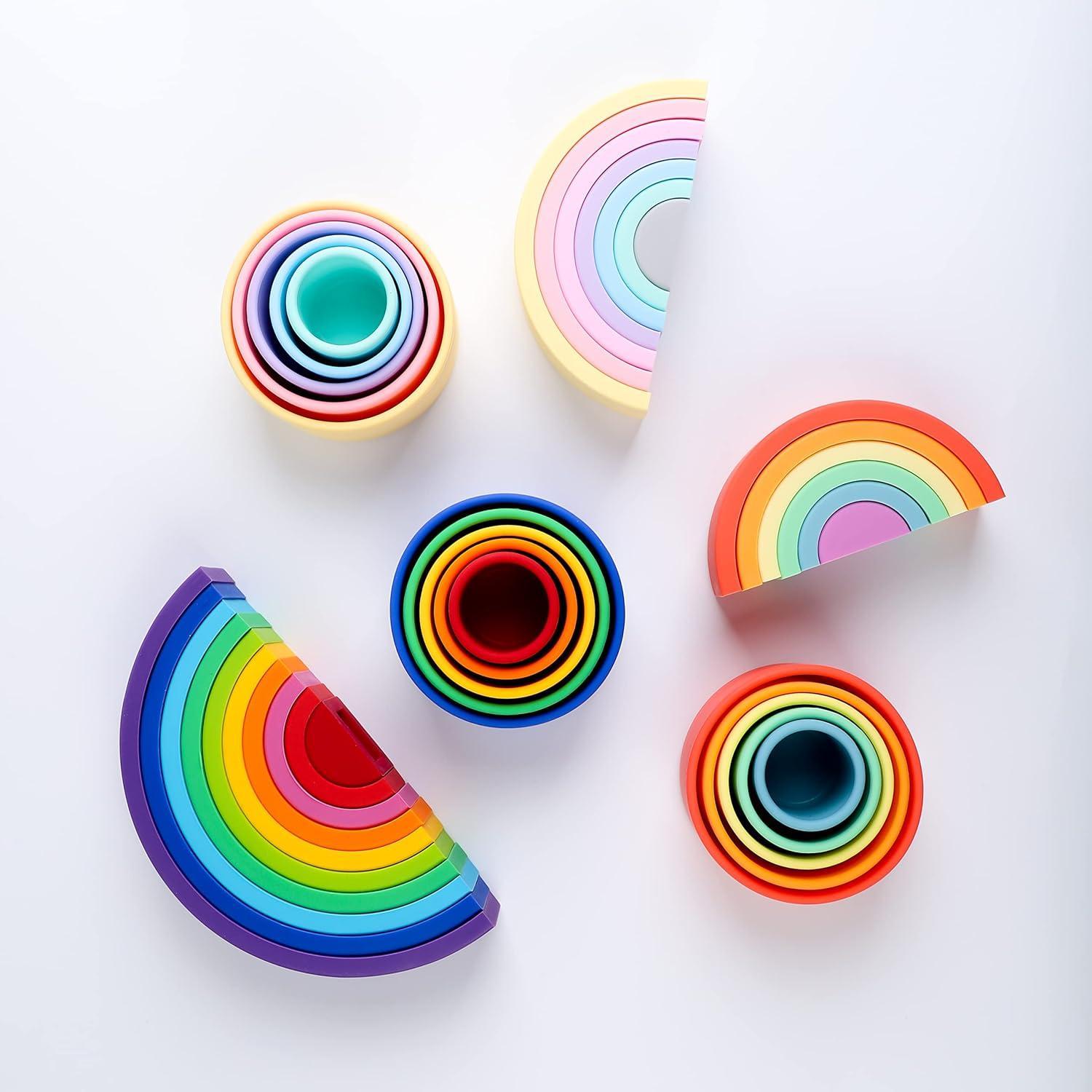 imageBLUE GINKGO Silicone Rainbow Stacker Montessori Nesting Puzzle Kids and Toddler Stacking Sensory Toys 7 Layers Pastel10 Layer