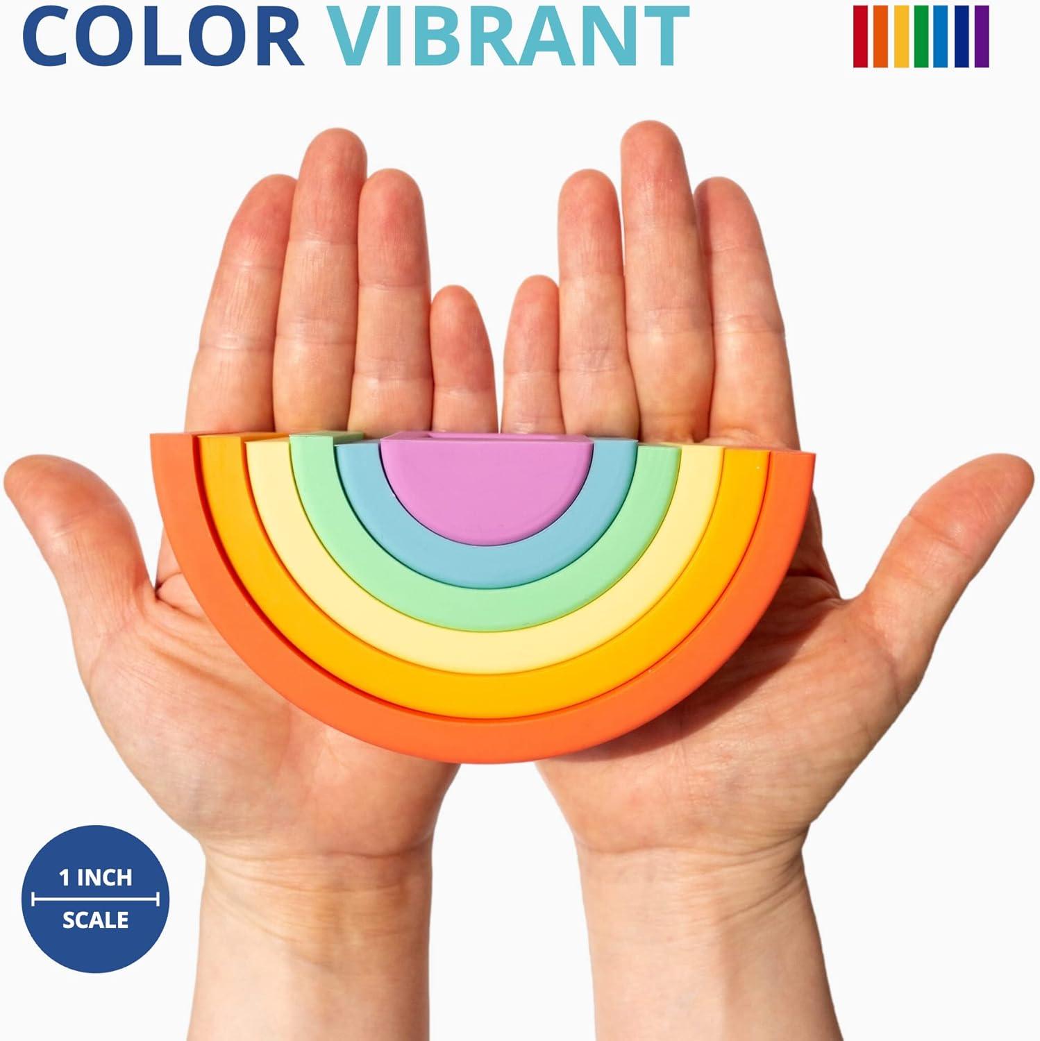 imageBLUE GINKGO Silicone Rainbow Stacker Montessori Nesting Puzzle Kids and Toddler Stacking Sensory Toys 7 Layers Pastel6 Layer
