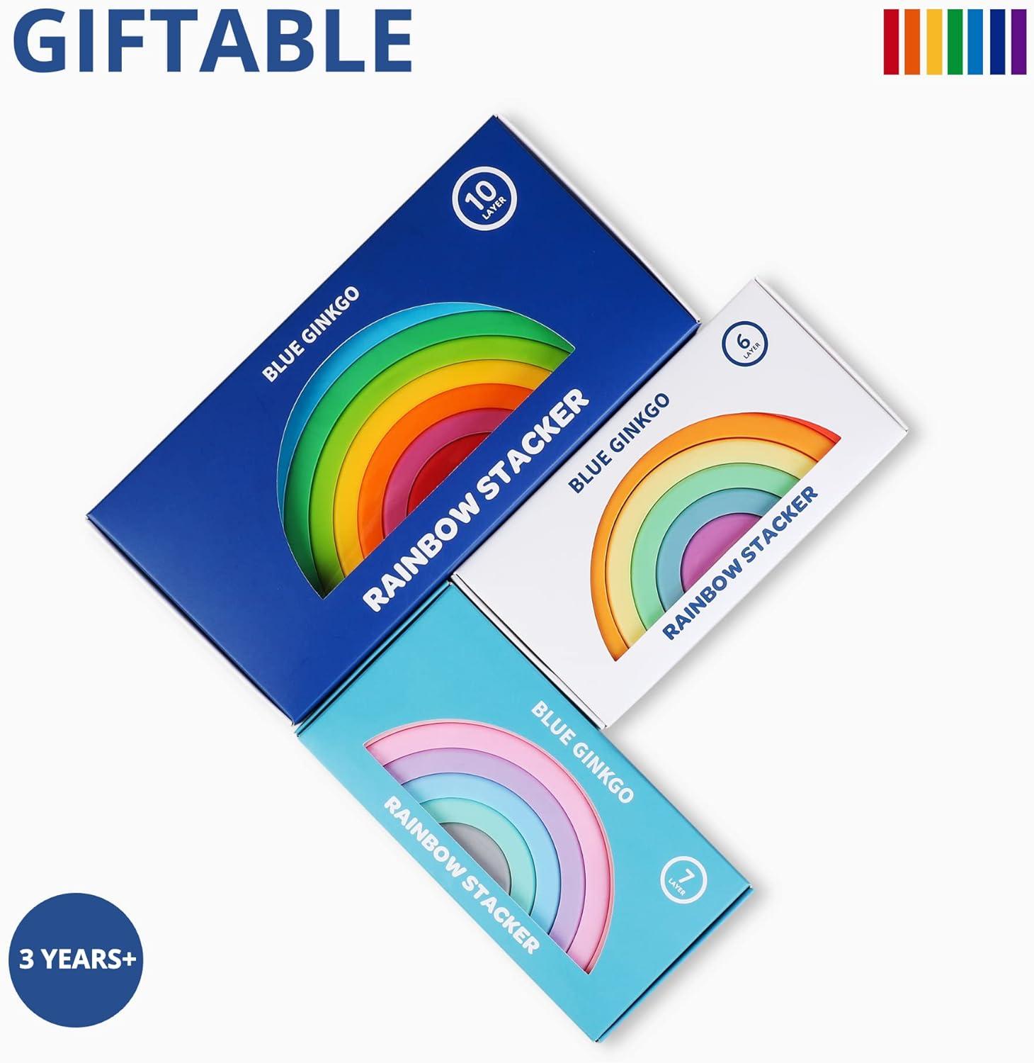 imageBLUE GINKGO Silicone Rainbow Stacker Montessori Nesting Puzzle Kids and Toddler Stacking Sensory Toys 7 Layers Pastel6 Layer