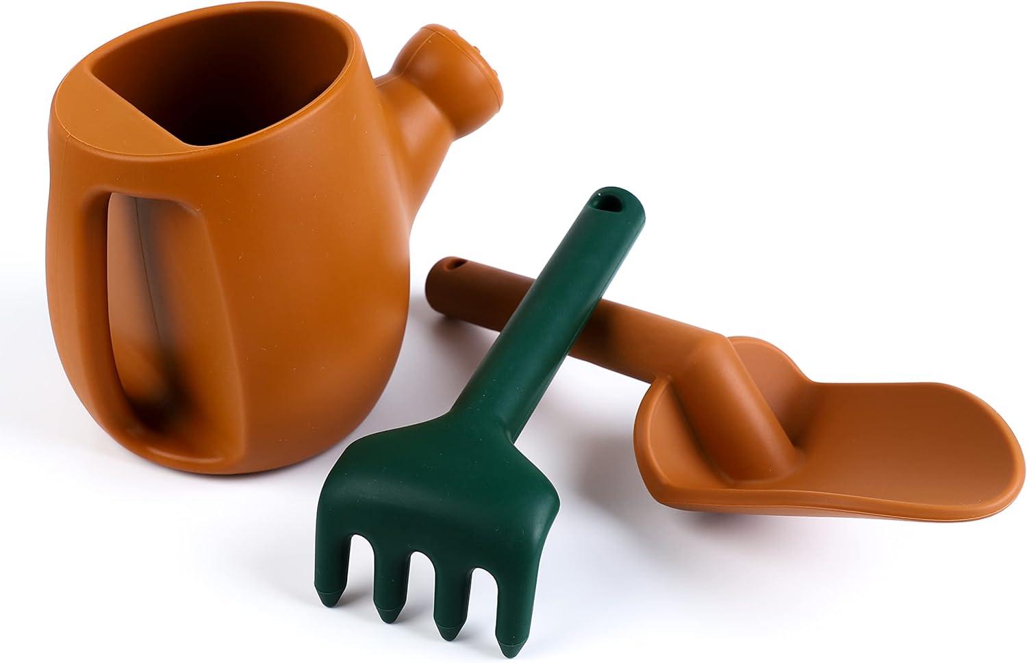 imageBLUE GINKGO Toddler Gardening Tools Silicone Beach Toys Garden Toys for Toddlers Kids Shovel and Rake Set Watering Can Sand Molds Outdoor Baby Gardening Set GreenTerracotta